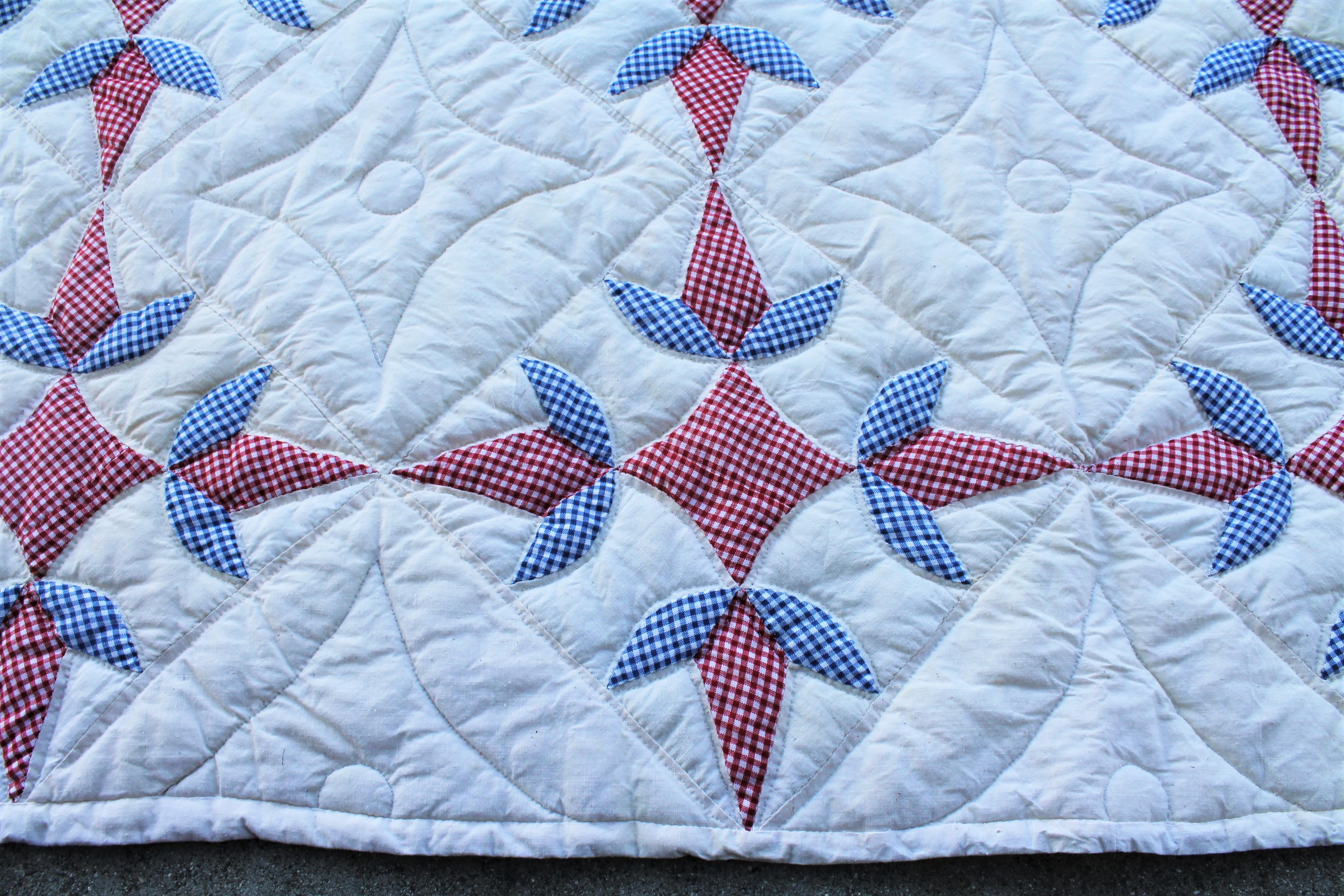 Hand-Crafted Antique Quilt -Patriotic Geometric Red, White and Blue For Sale