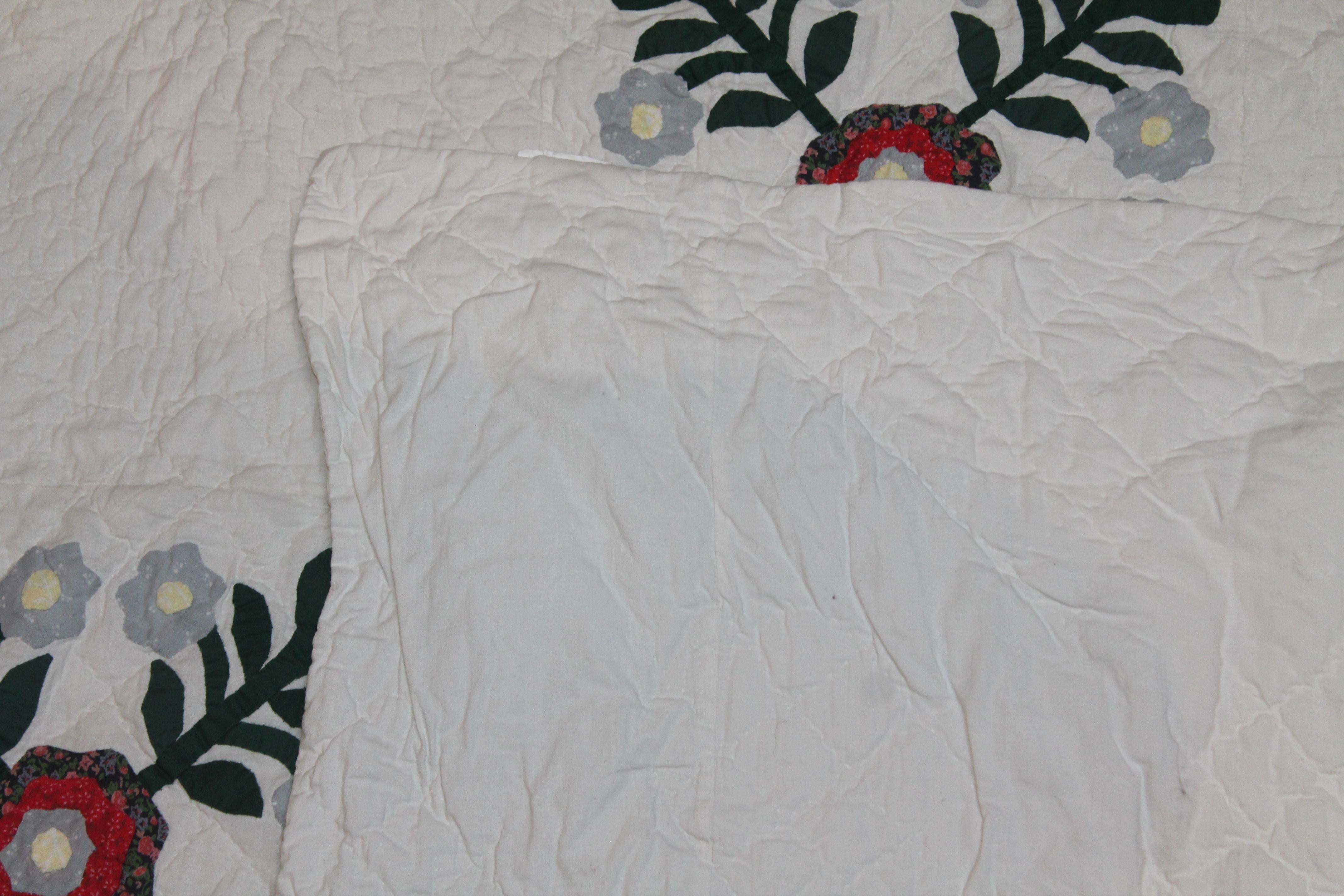 20ième siècle Courtepointe ancienne avec appliques rouges et vertes en vente