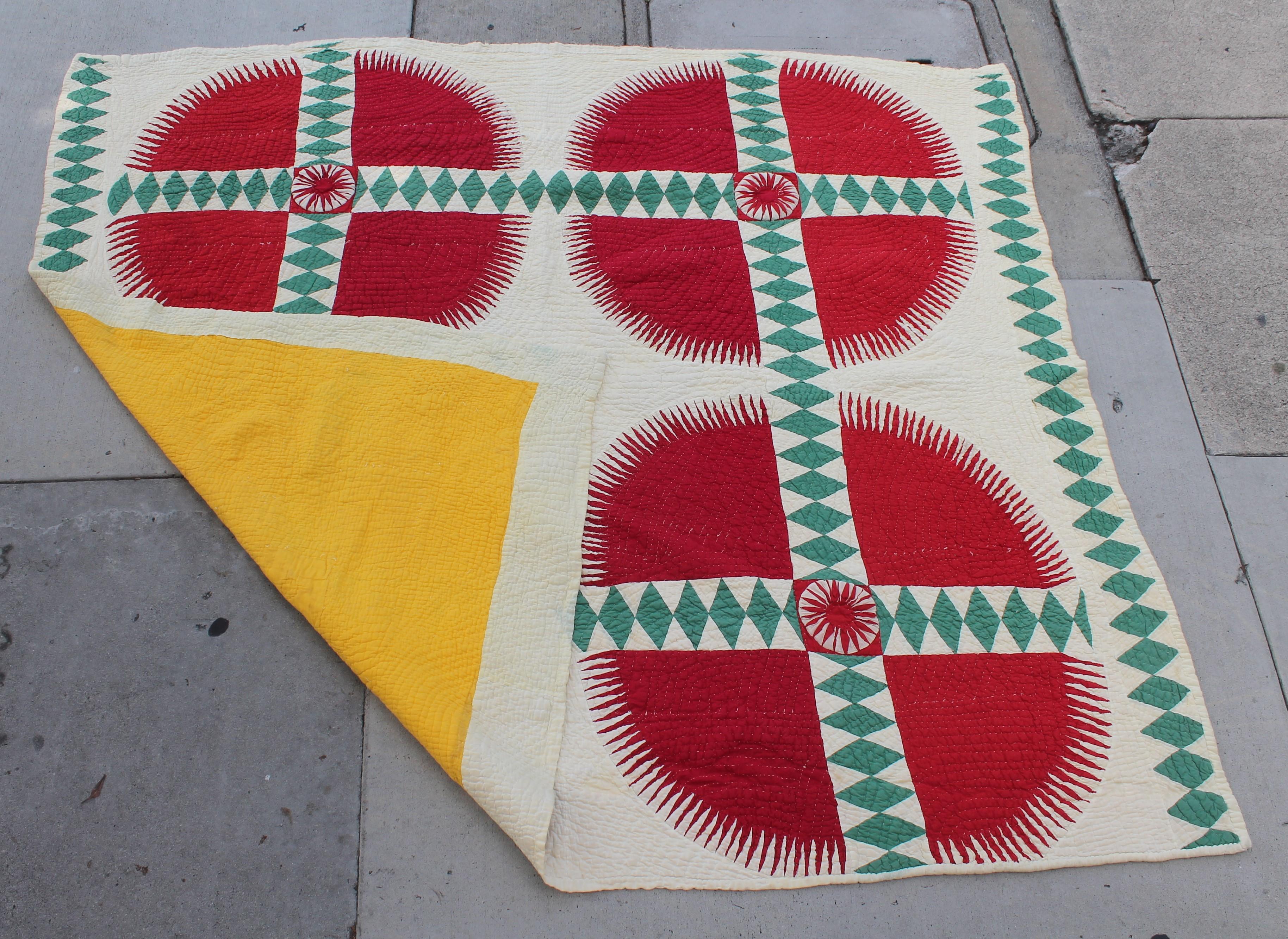 This fantastic southern quilt is a New York Beauty pattern and was found in Virginia. The pristine and vibrant red and green would make a fantastic Christmas gift or for your wall at Xmas time. This comes from a wonderful folk art collection out of
