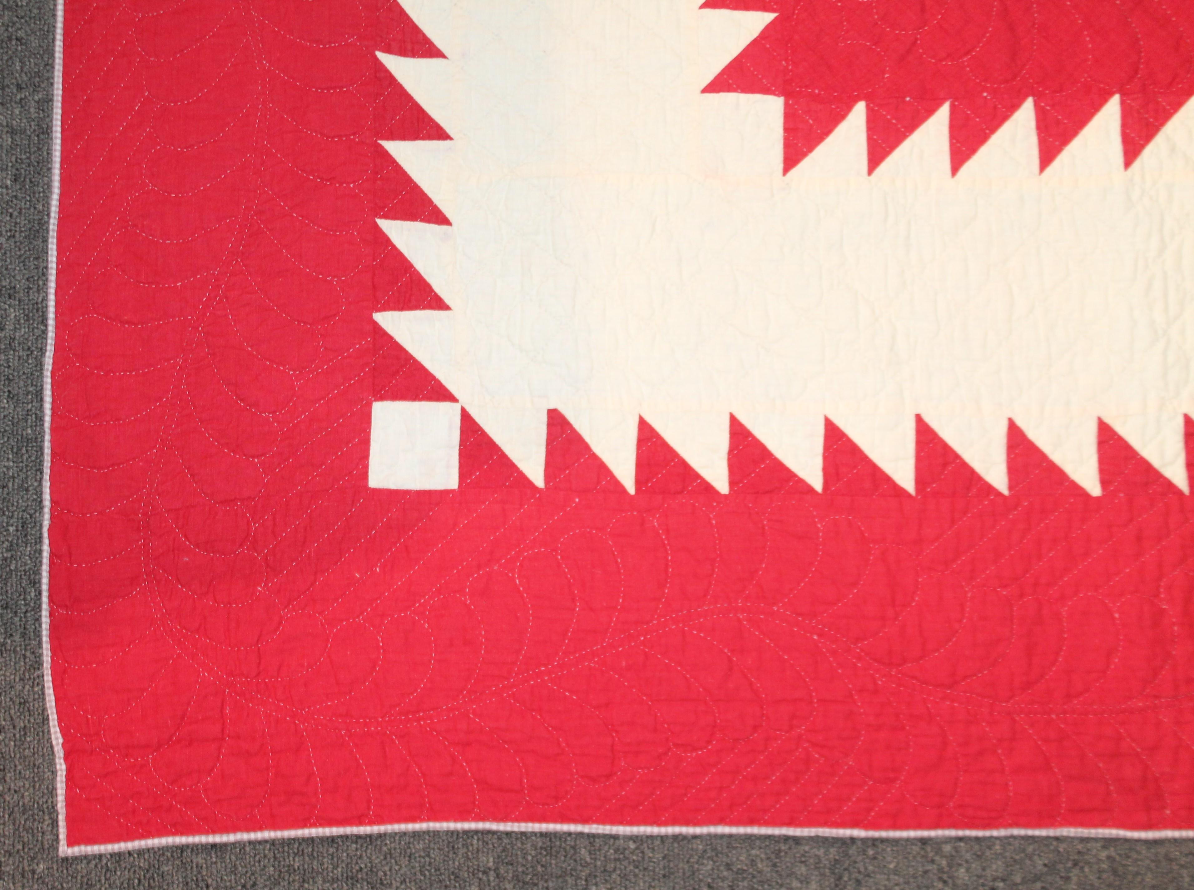 American Antique Quilt Red and White Saw Tooth Diamond