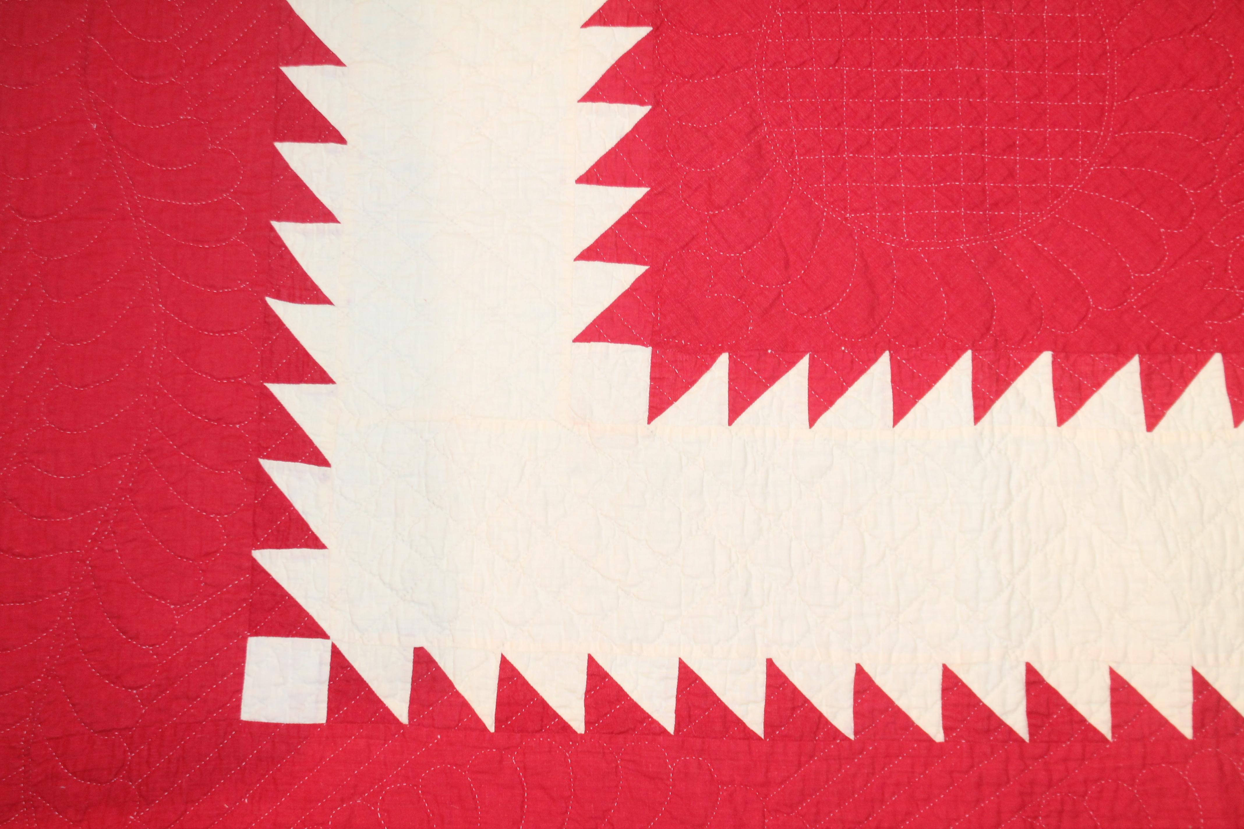 Hand-Crafted Antique Quilt Red and White Saw Tooth Diamond