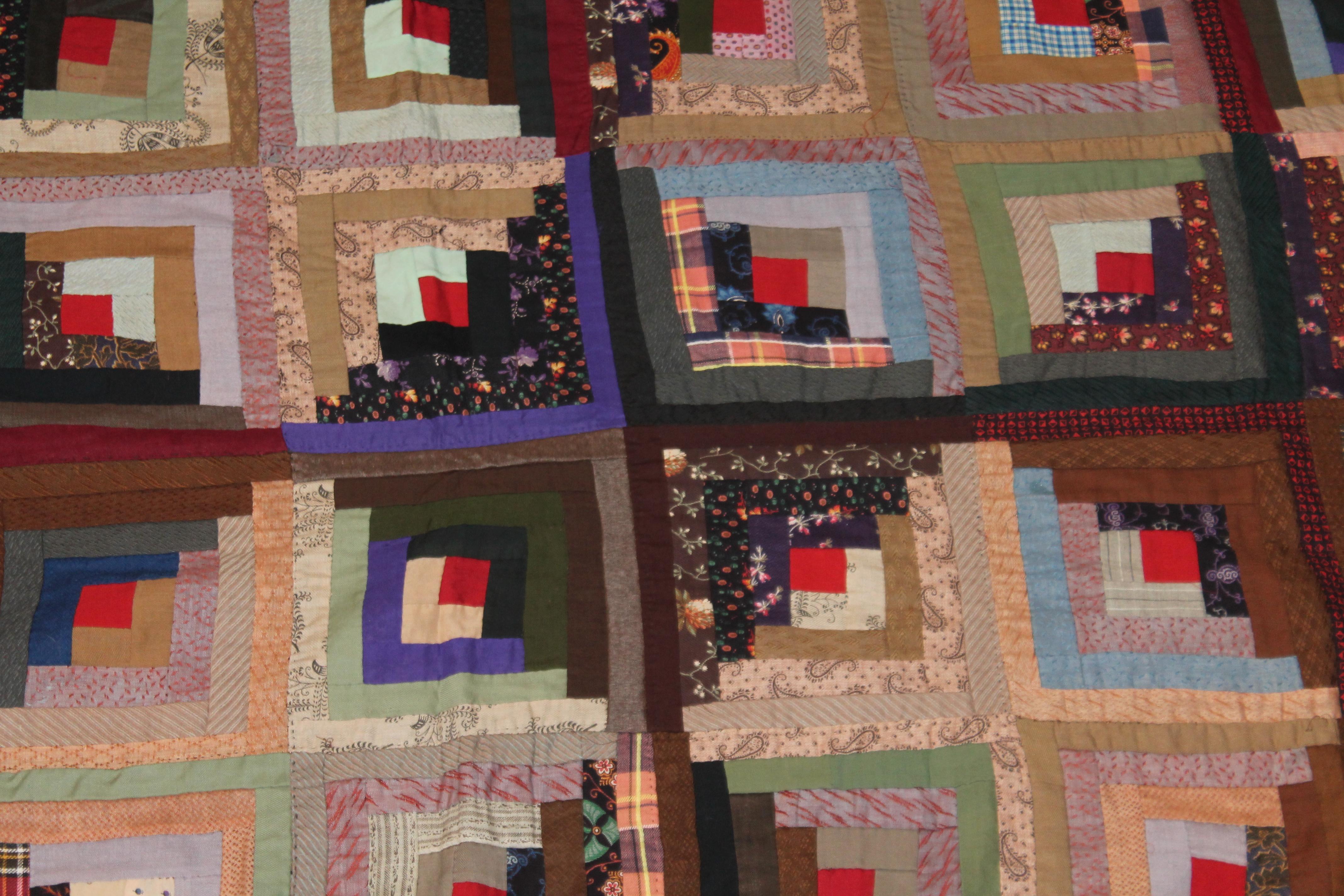 American Antique Quilt, Wool Challis Log Cabin Quilt