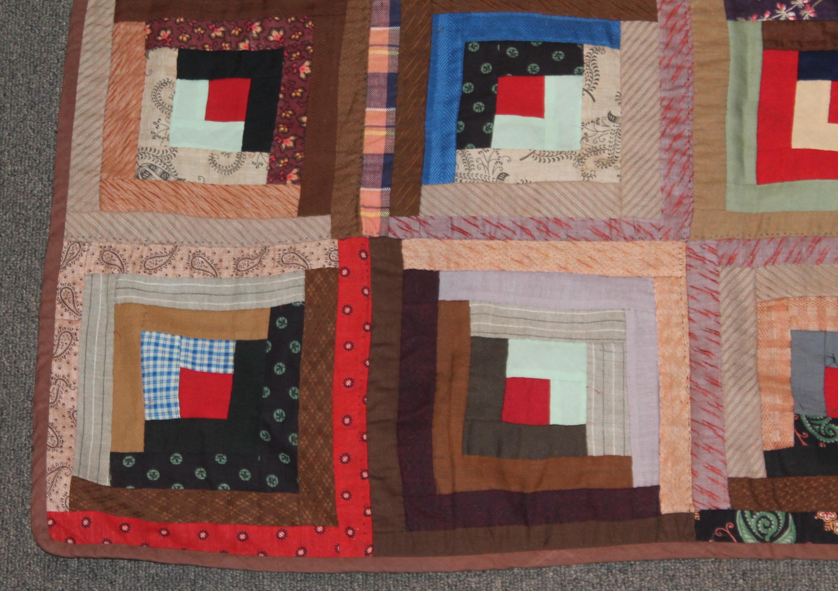 Hand-Crafted Antique Quilt, Wool Challis Log Cabin Quilt