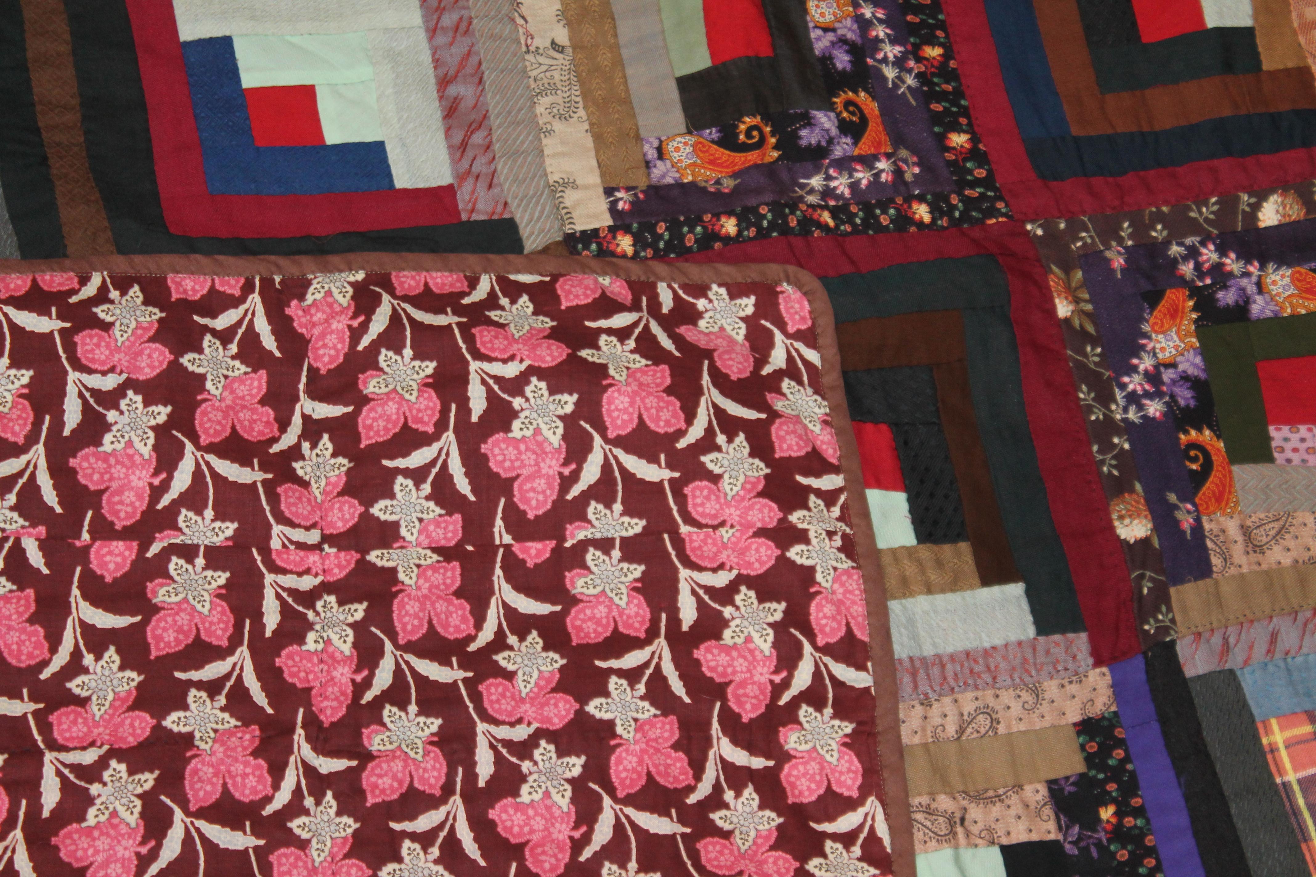 Antique Quilt, Wool Challis Log Cabin Quilt In Good Condition In Los Angeles, CA