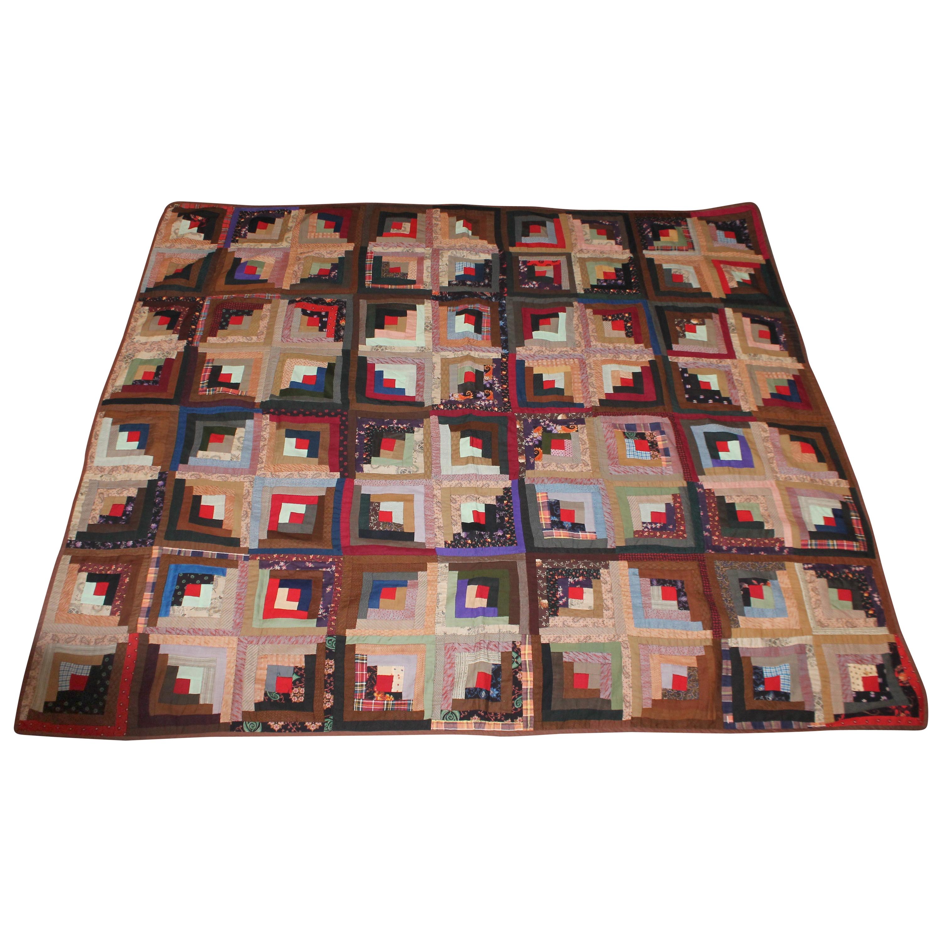 Antique Quilt, Wool Challis Log Cabin Quilt