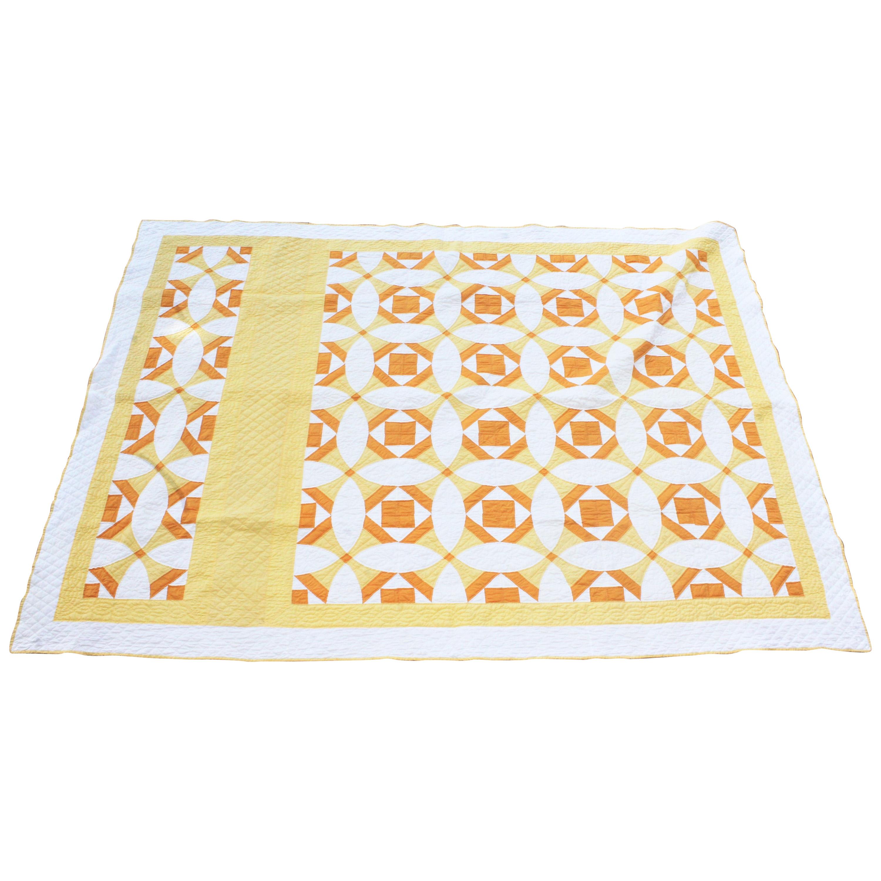 Antique Quilt Yellow and White Geometric Pattern For Sale