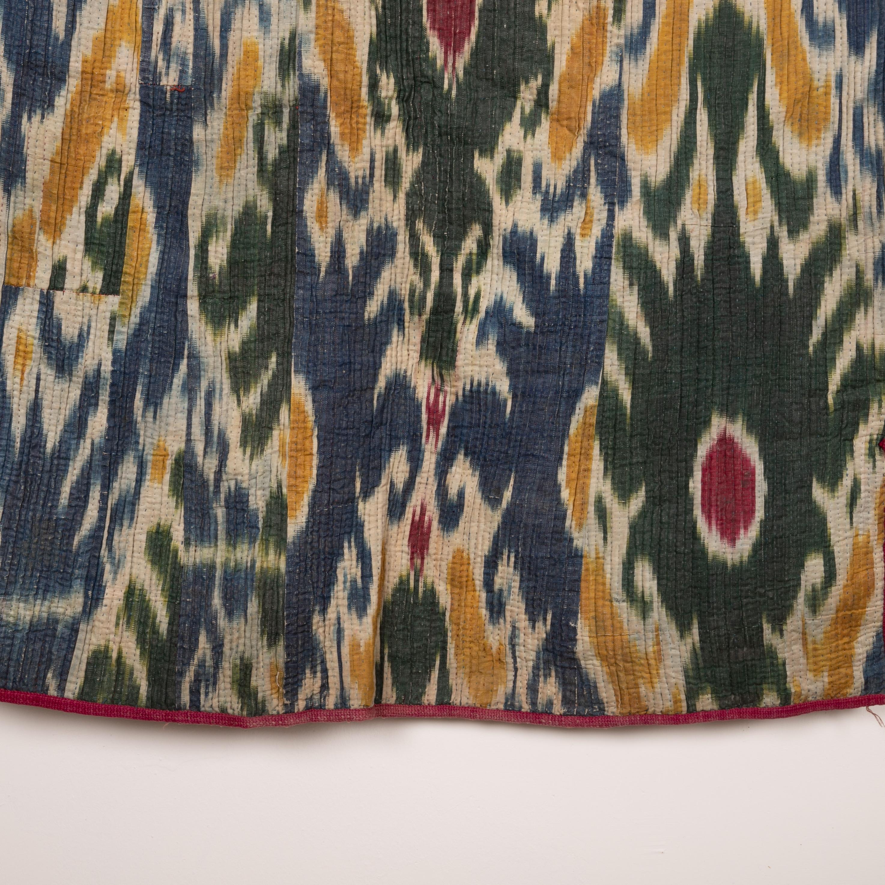 Silk Antique Quilted Ikat Chapan from Khorazm, Uzbekistan, late 19th C. For Sale