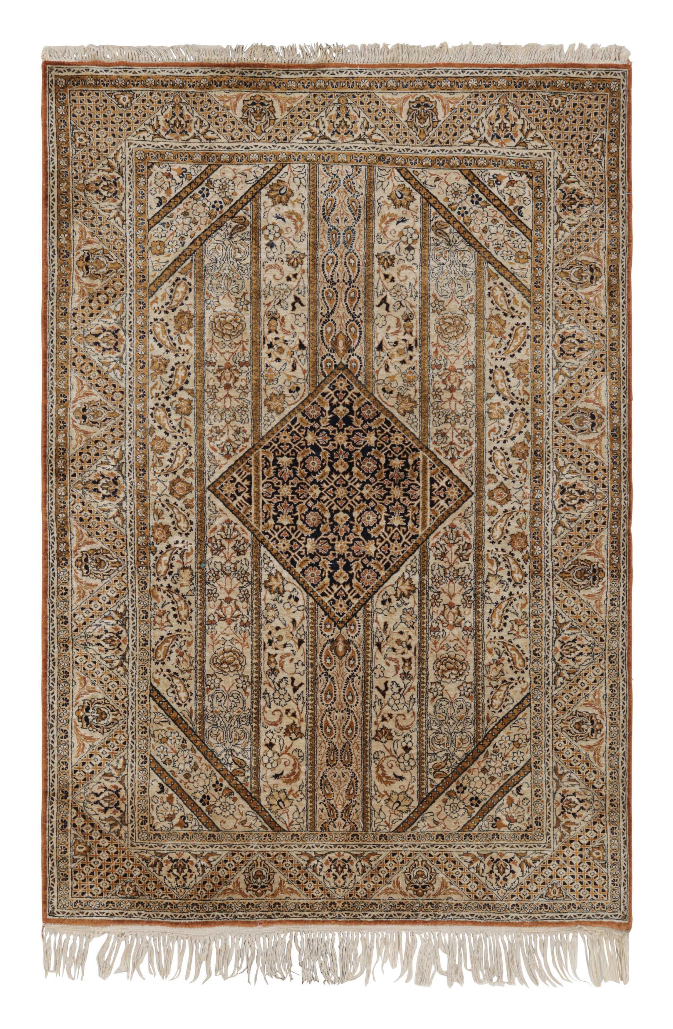Antique Qum Beige Brown Silk Persian Rug Geometric Pattern by Rug & Kilim For Sale