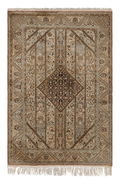 Antique Qum Beige Brown Silk Persian Rug Geometric Pattern by Rug & Kilim