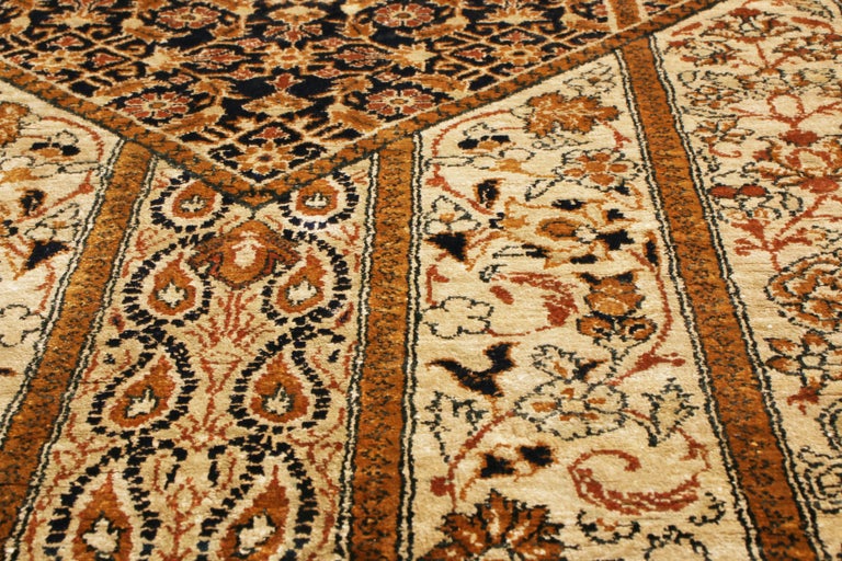 Antique Qum Beige Brown Silk Persian Rug Geometric Pattern by Rug and
