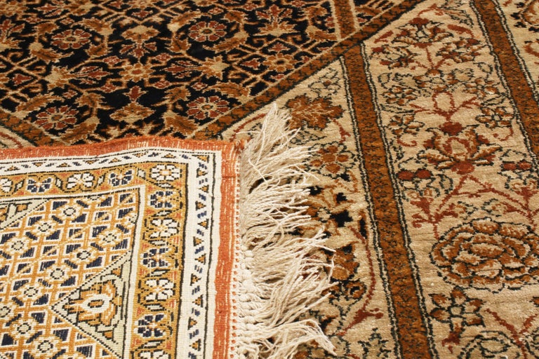 Antique Qum Beige Brown Silk Persian Rug Geometric Pattern by Rug and