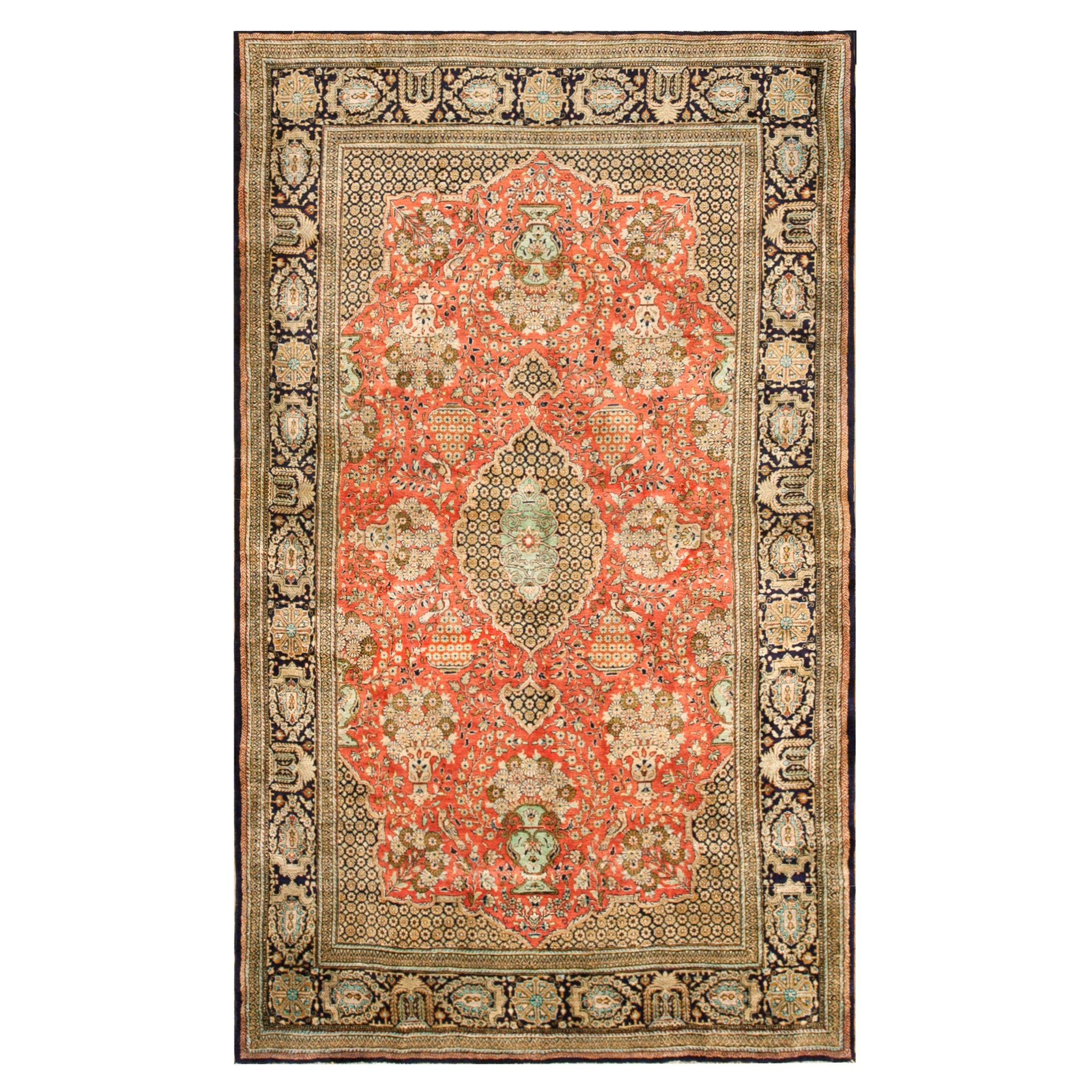 Alfombra antigua de seda Qum 4' 6'' x 7' 6''.