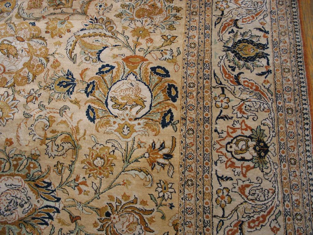 Weaving began in the religious shrine city of Qum in central Persia in the 1930s. Very finely knotted rugs and carpets in complex Persian medallion, arabesque and palmette styles on light grounds were the favourite approach. This circa 1950 carpet