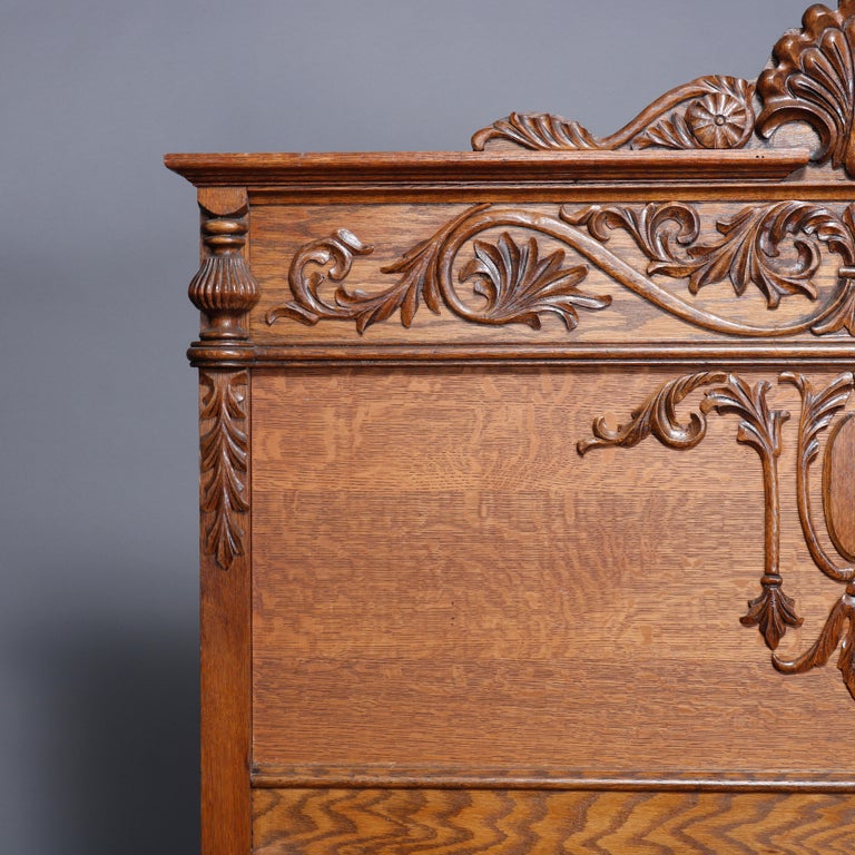Antique R. J. Horner Carved High Back Acanthus Carved Oak Full Size Bed