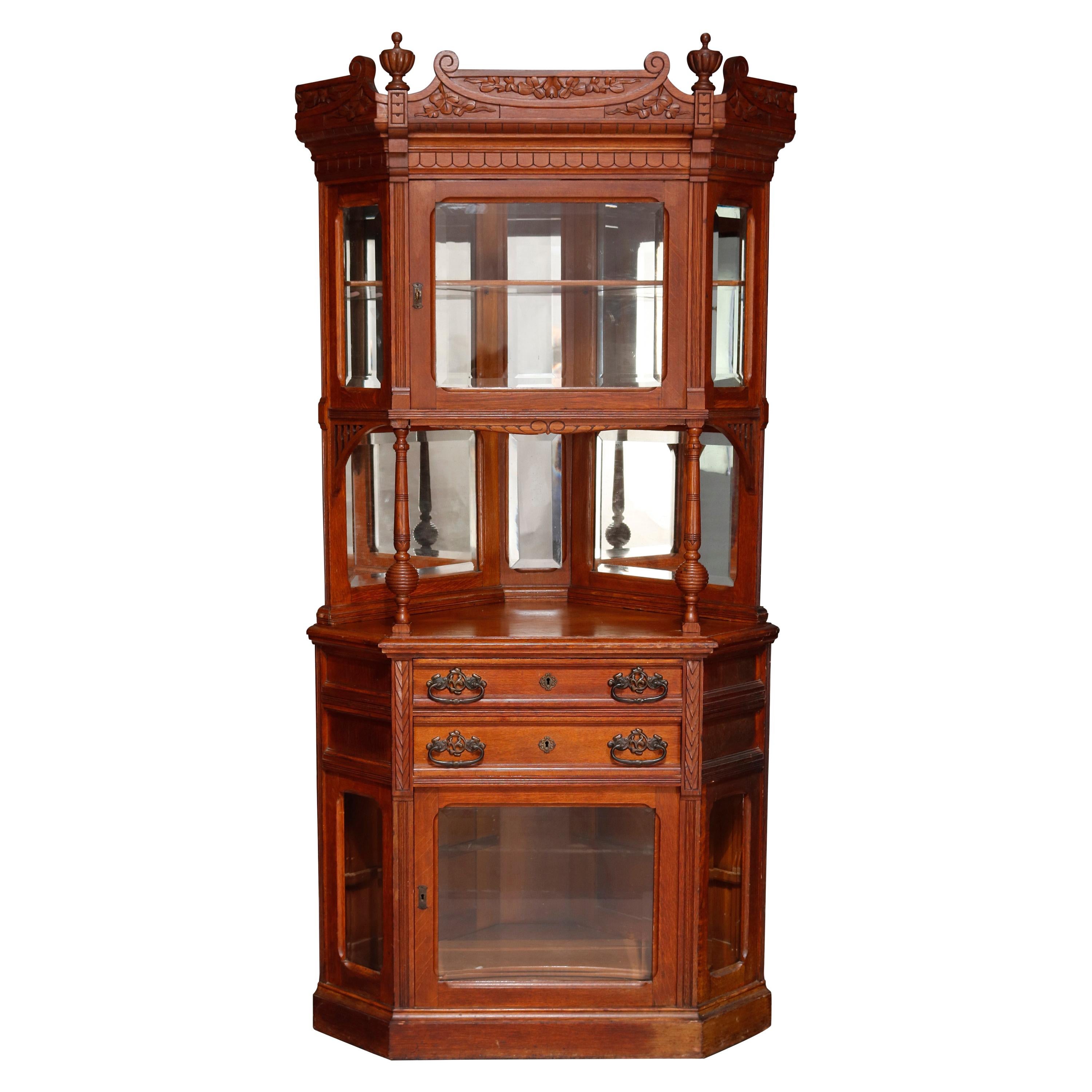 Antique R. J. Horner Carved Oak Faceted Corner Cabinet, circa 1890