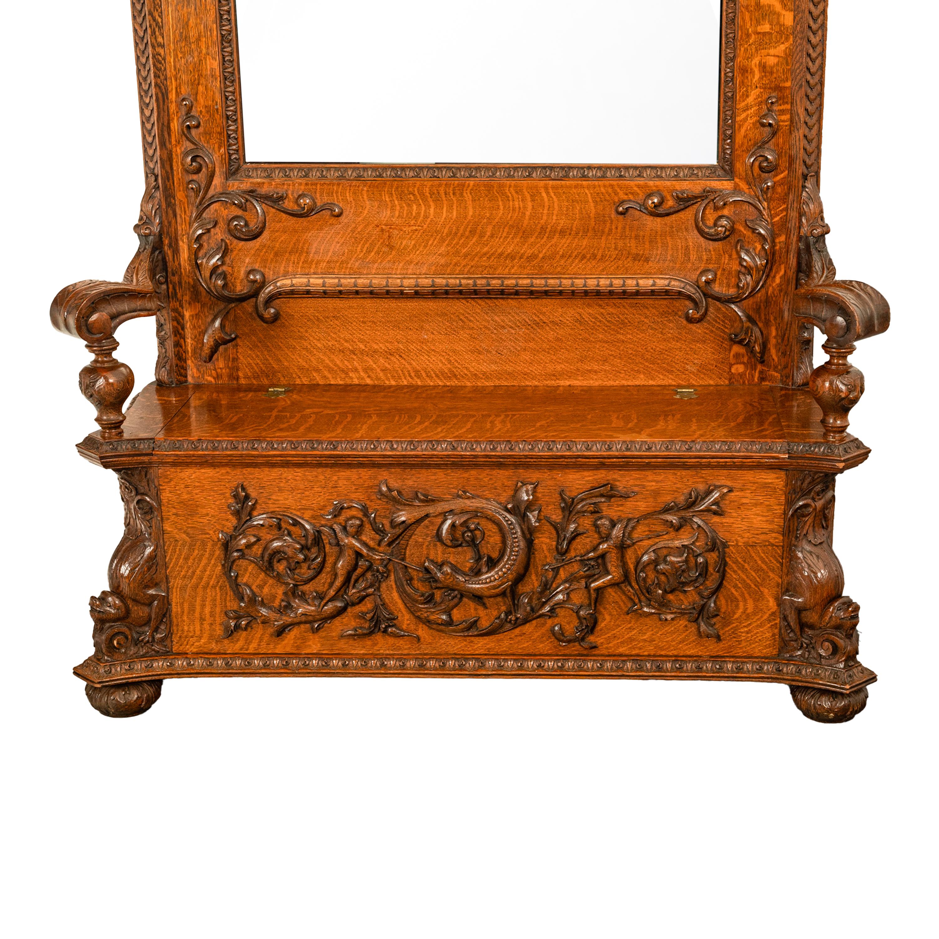 Antike R.J. Horner & Co. Monumental geschnitzte Oak Figural Griffins Hall Bank 1890 im Angebot 6