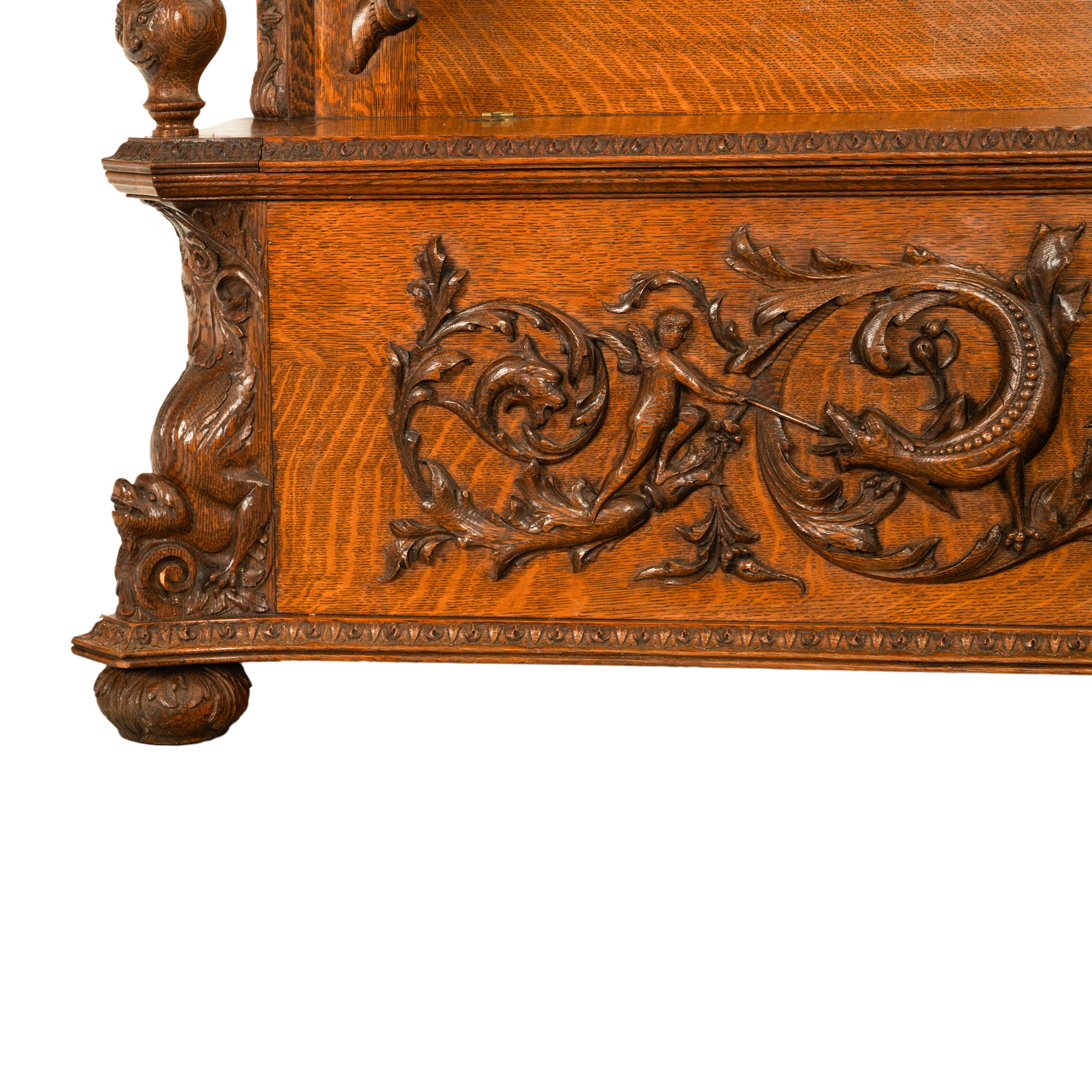Antike R.J. Horner & Co. Monumental geschnitzte Oak Figural Griffins Hall Bank 1890 im Angebot 9
