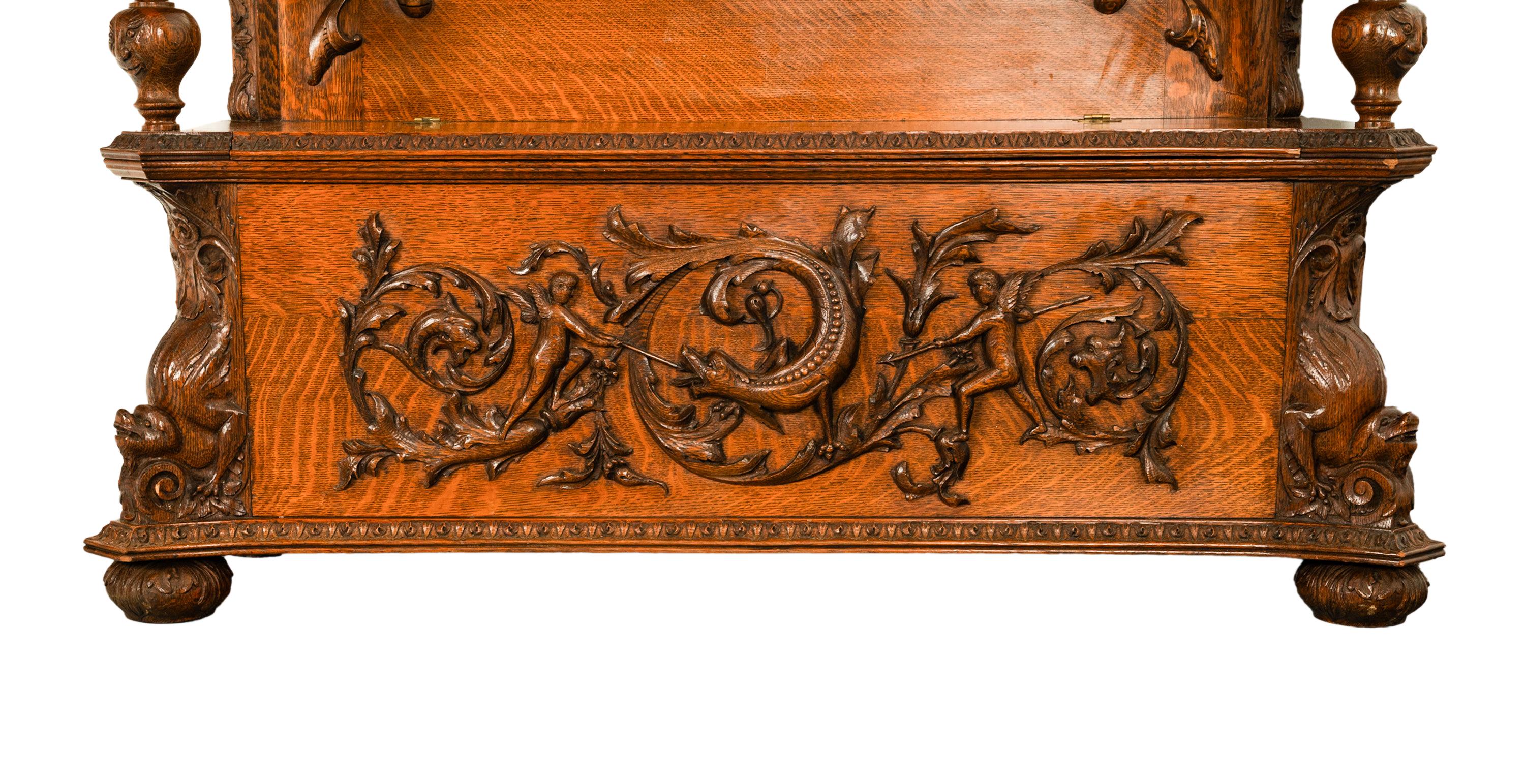 Antike R.J. Horner & Co. Monumental geschnitzte Oak Figural Griffins Hall Bank 1890 im Angebot 10