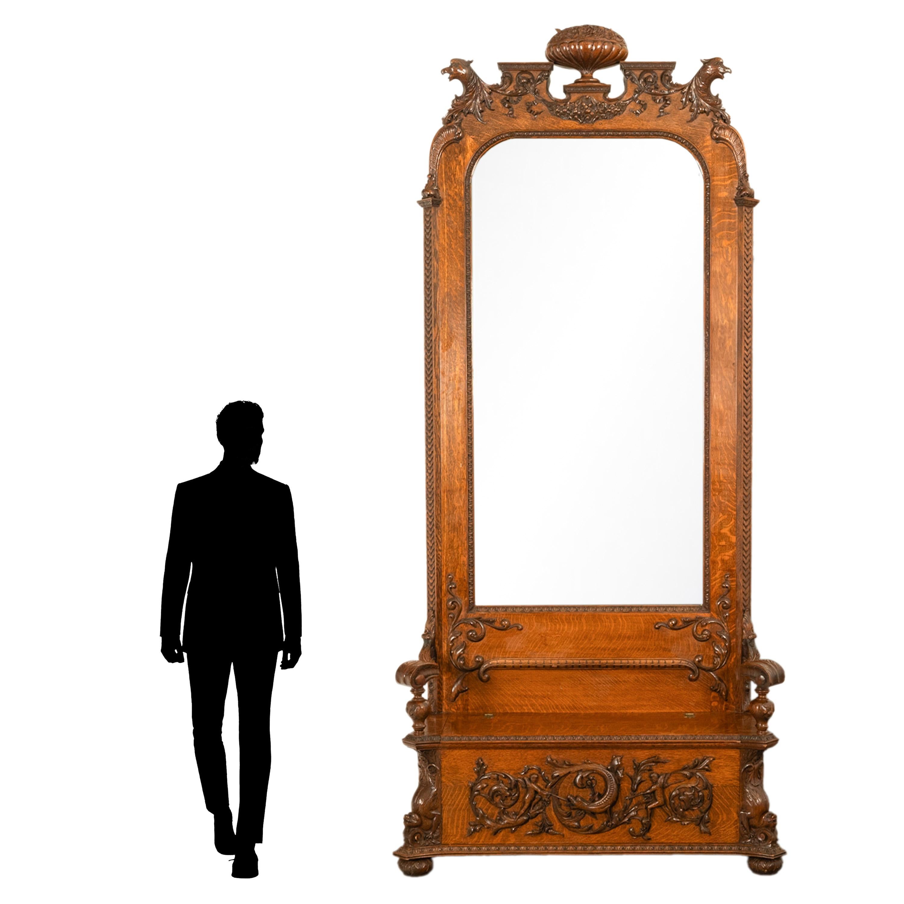 Antike R.J. Horner & Co. Monumental geschnitzte Oak Figural Griffins Hall Bank 1890 (Neorenaissance) im Angebot