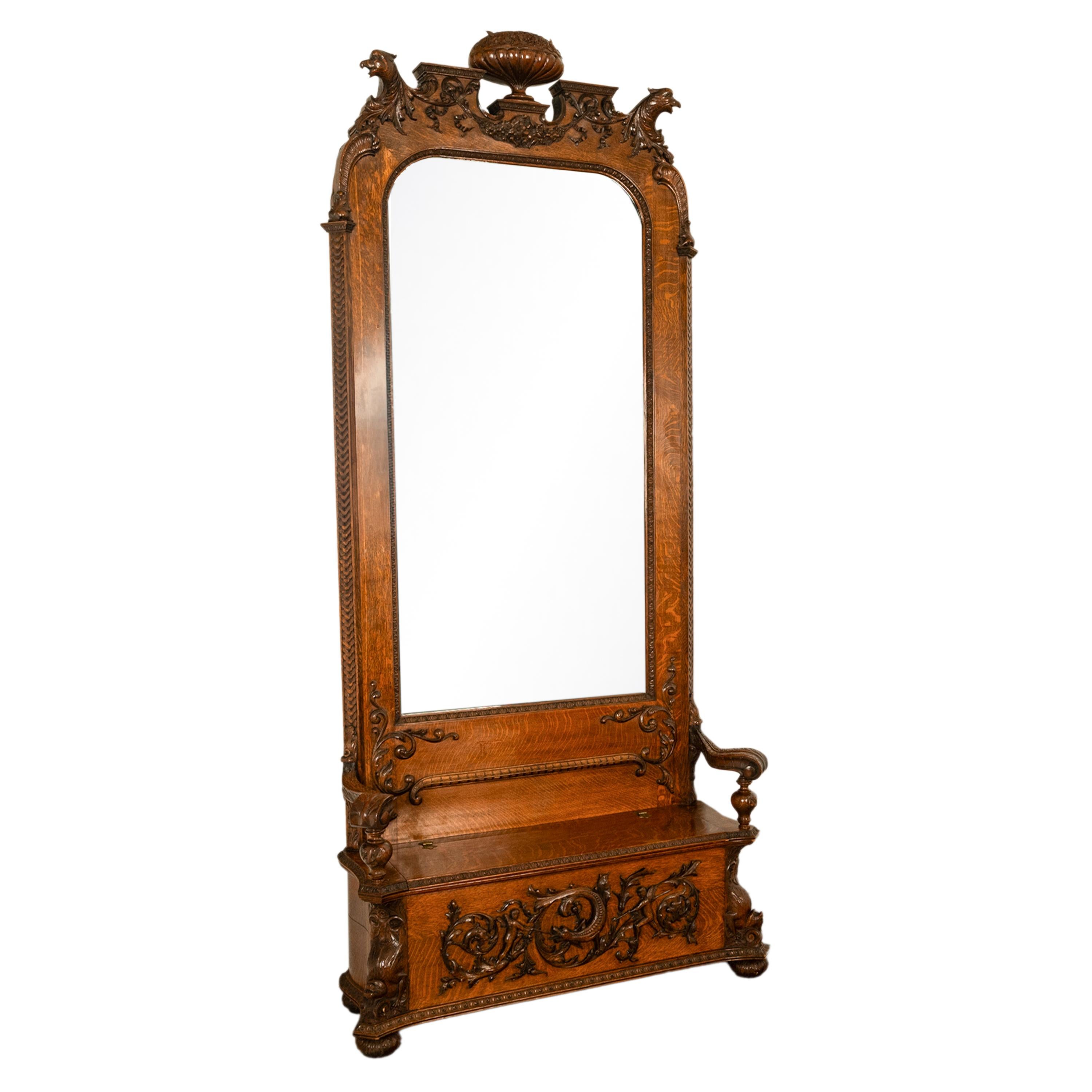 Antike R.J. Horner & Co. Monumental geschnitzte Oak Figural Griffins Hall Bank 1890 (amerikanisch) im Angebot