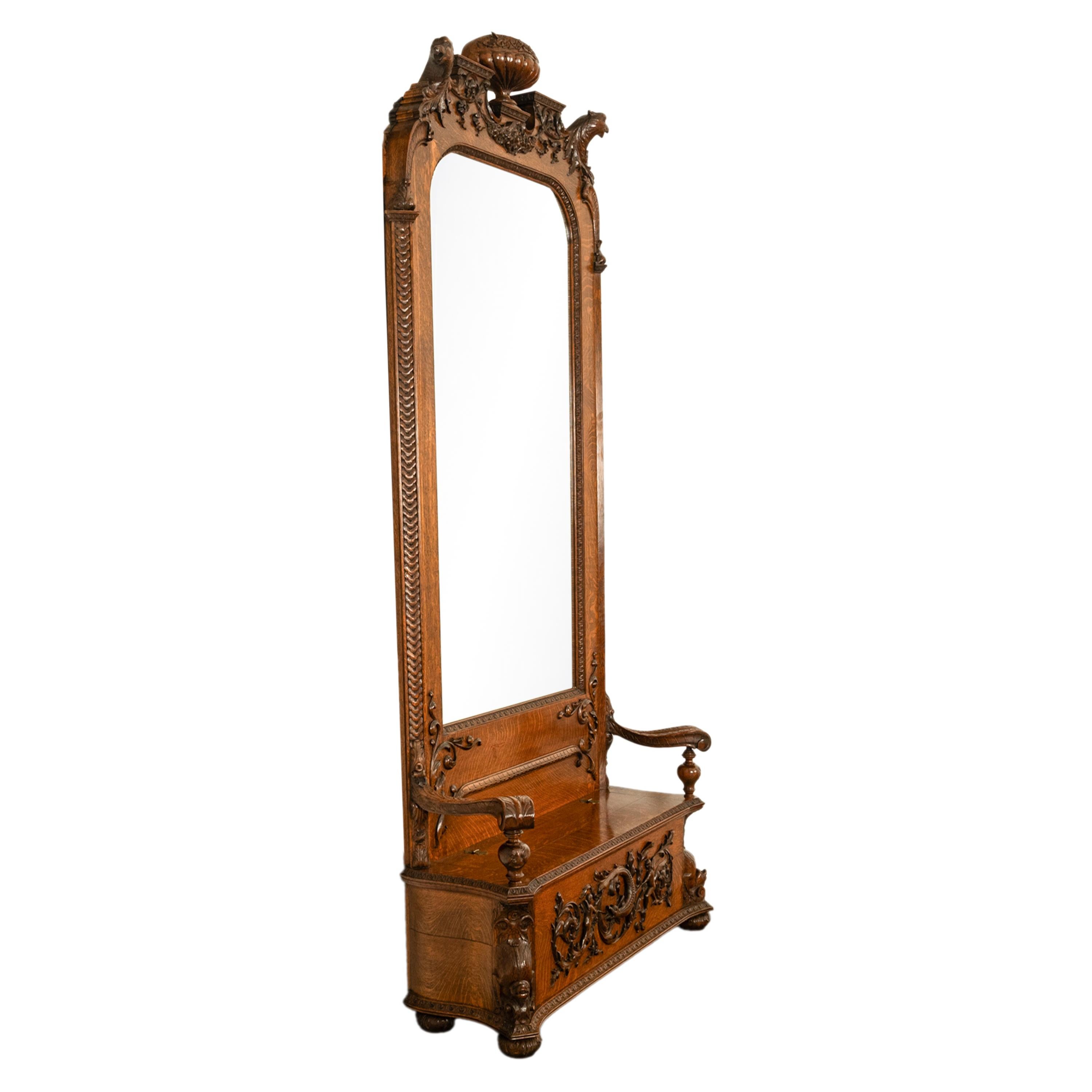 Antike R.J. Horner & Co. Monumental geschnitzte Oak Figural Griffins Hall Bank 1890 (Geschnitzt) im Angebot