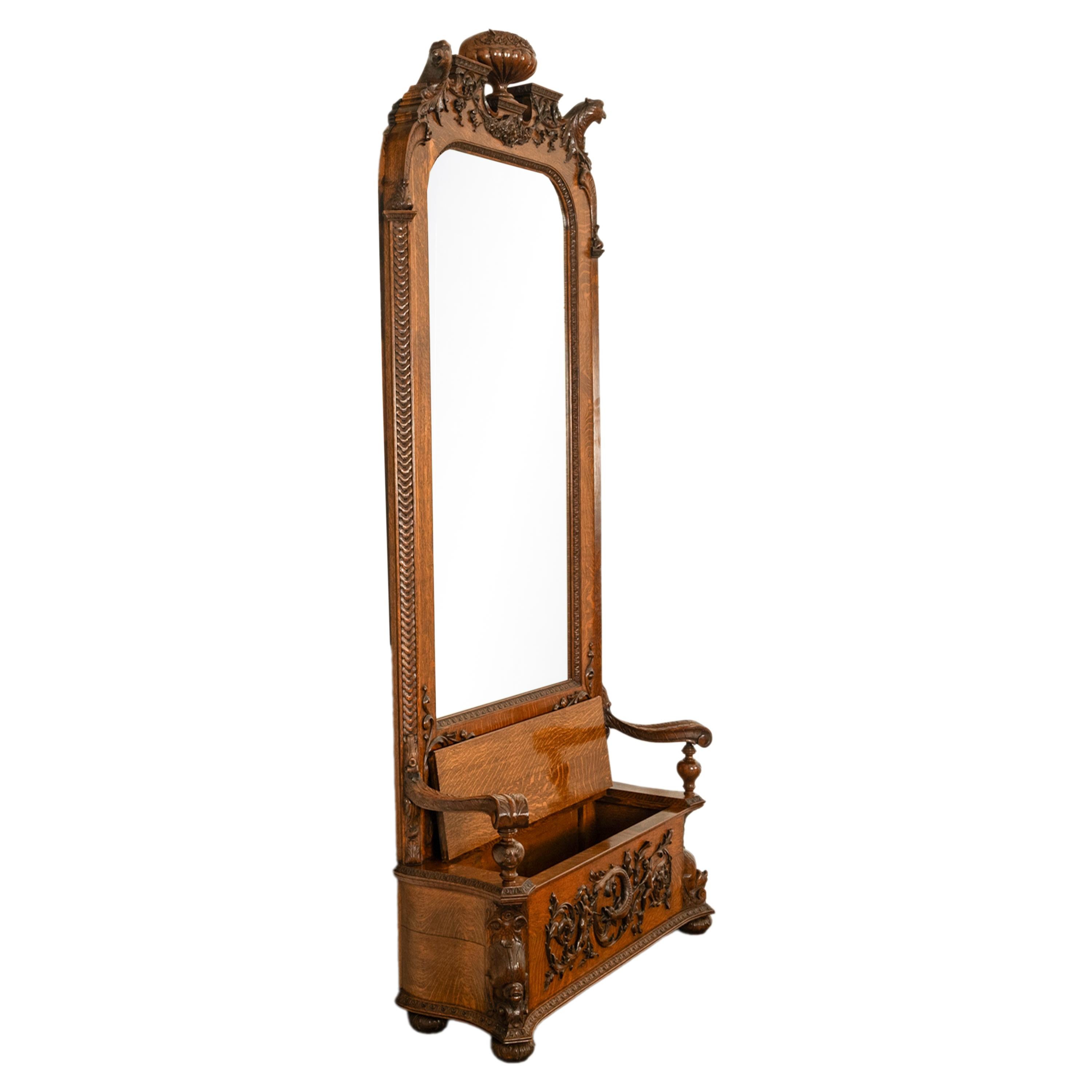 Antike R.J. Horner & Co. Monumental geschnitzte Oak Figural Griffins Hall Bank 1890 im Zustand „Gut“ im Angebot in Portland, OR