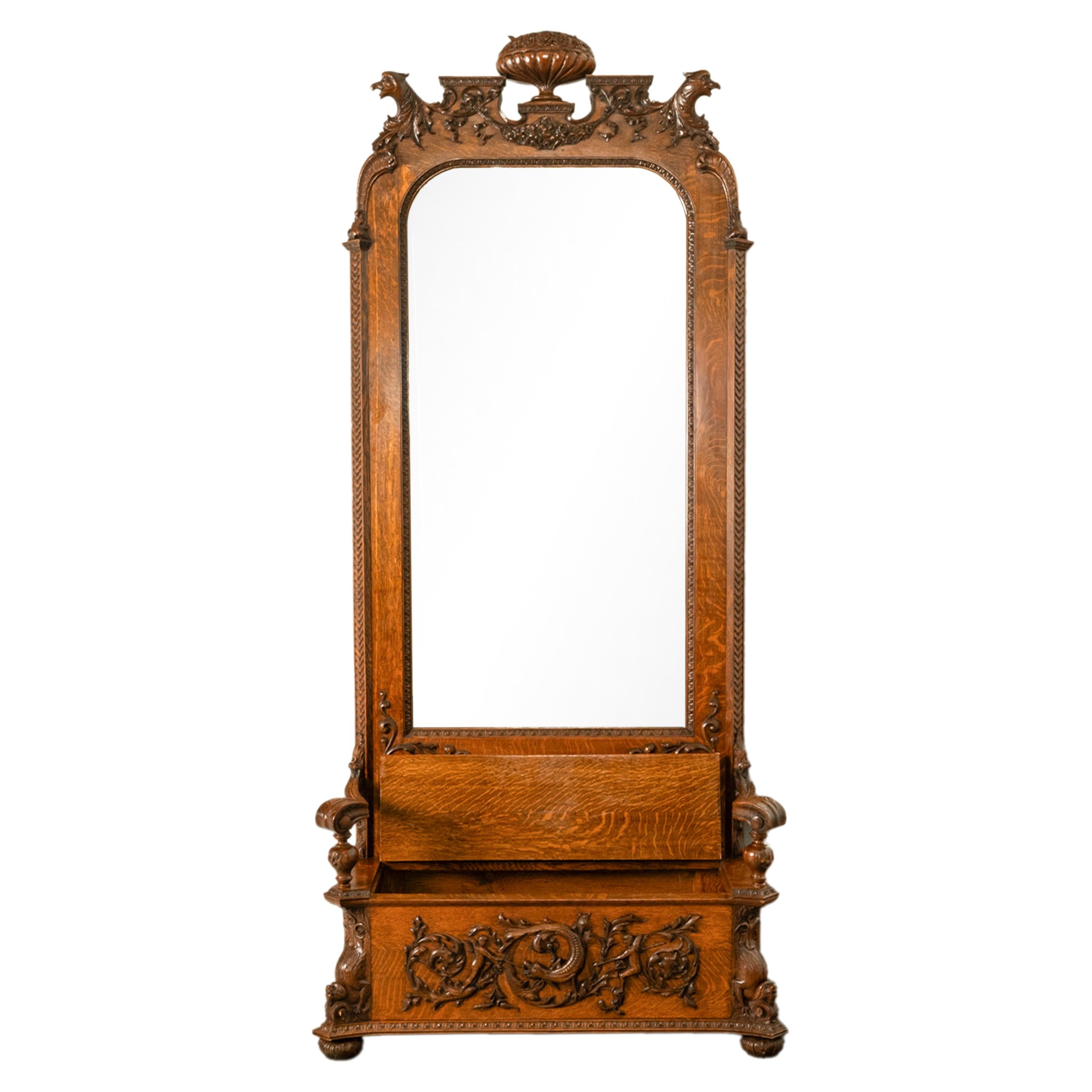 Antike R.J. Horner & Co. Monumental geschnitzte Oak Figural Griffins Hall Bank 1890 (19. Jahrhundert) im Angebot