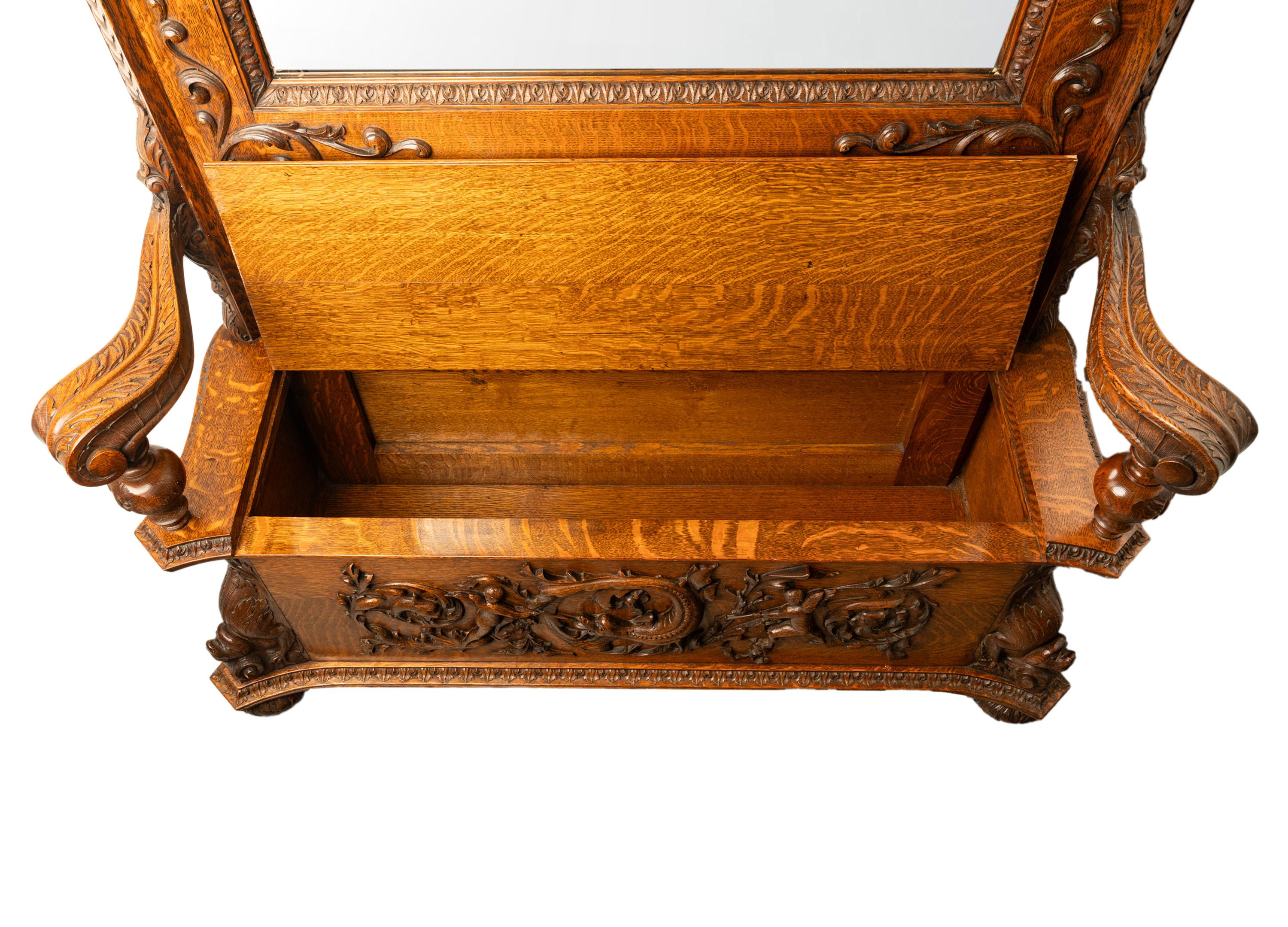 Antike R.J. Horner & Co. Monumental geschnitzte Oak Figural Griffins Hall Bank 1890 (Spiegel) im Angebot