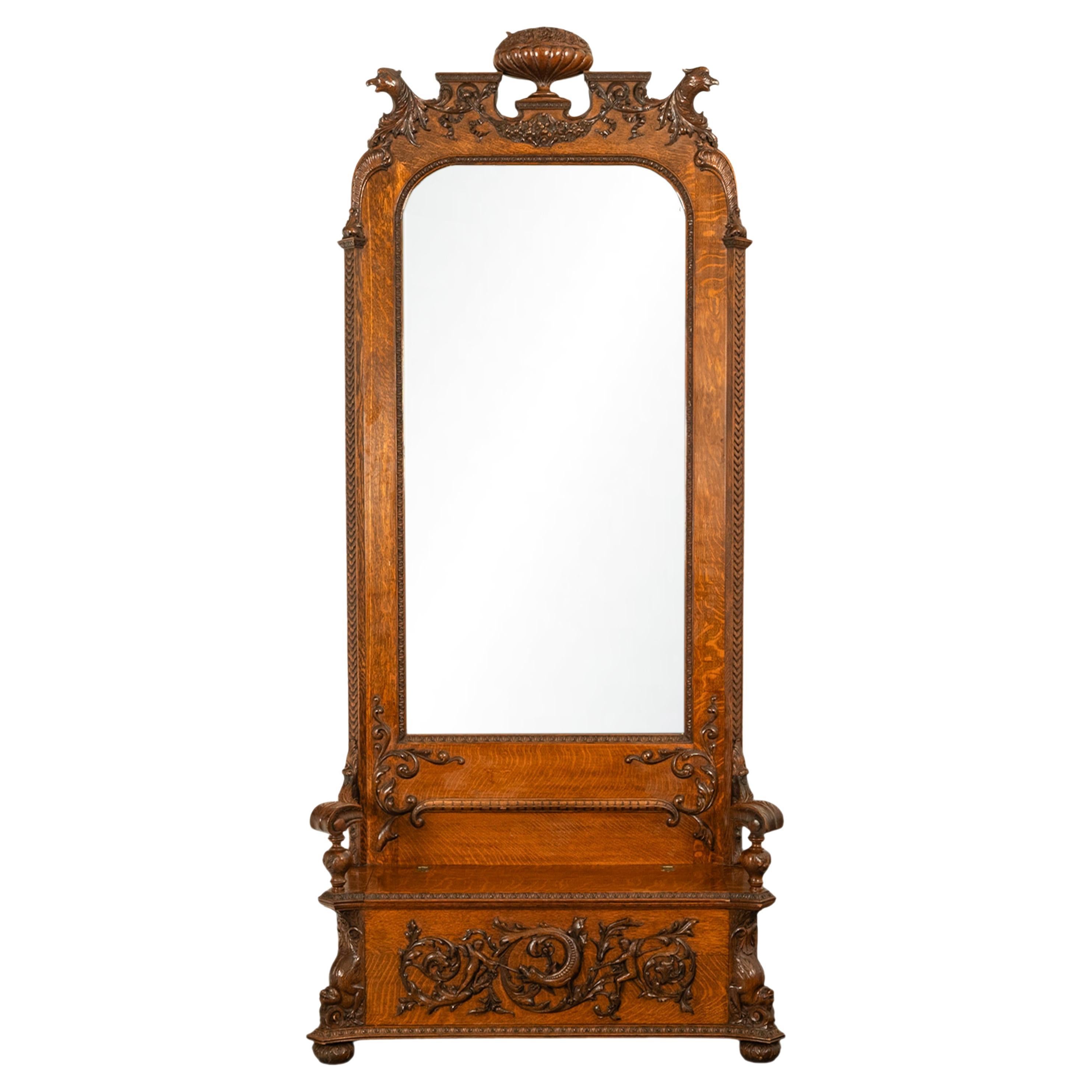 Antike R.J. Horner & Co. Monumental geschnitzte Oak Figural Griffins Hall Bank 1890 im Angebot