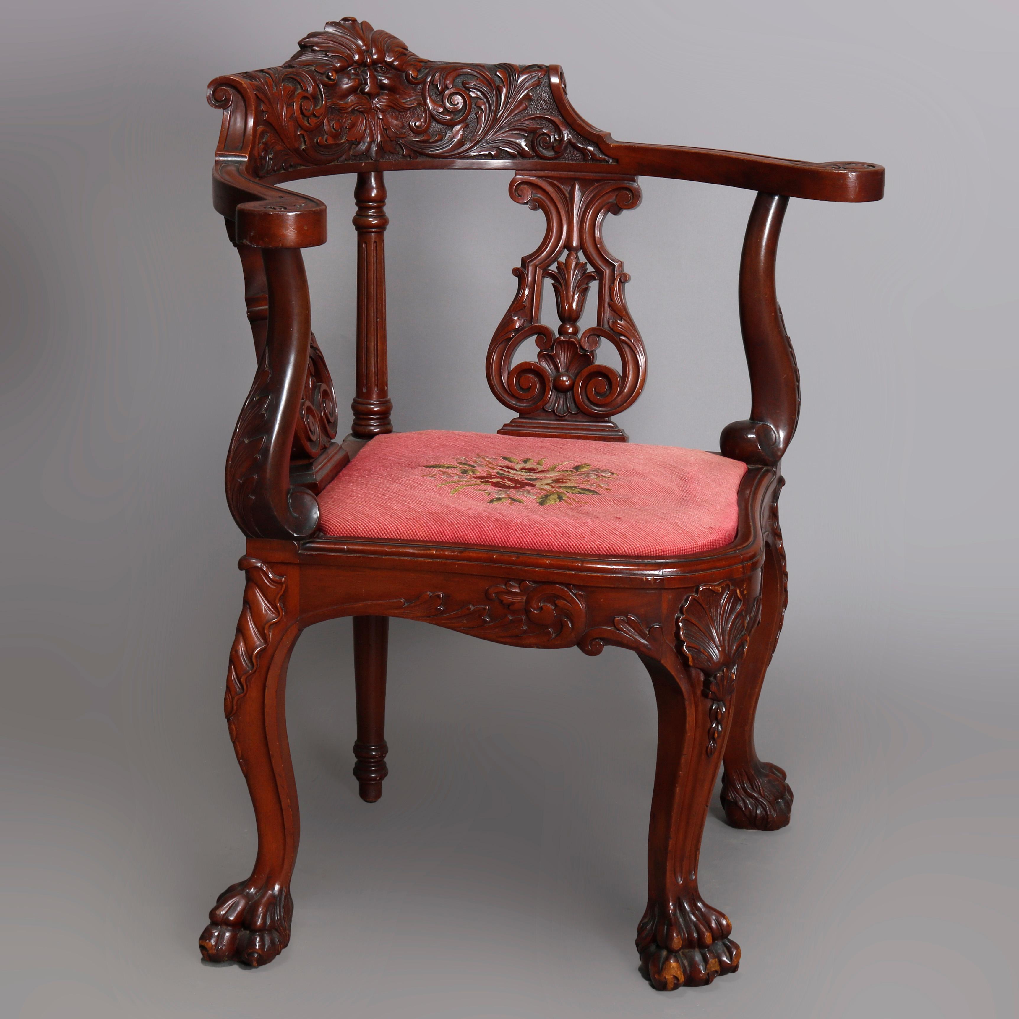 Upholstery Antique R. J. Horner Figural Carved Mahogany North Wind Corner Chair, circa 1890