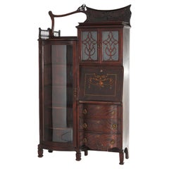 Antique bureau curio et secrétaire R J Horner en acajou incrusté côte à côte C1930
