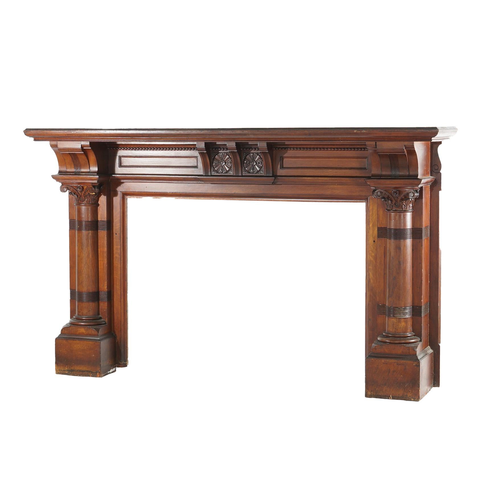 ***Ask About Reduced In-House Delivery Rates - Reliable Professional Service & Fully Insured***
Antique R J Horner Neoclassical Oversized Oak Fireplace Mantle with Flanking Corinthian Columns & Over Mantel Mirror with Carved Foliate Elements,