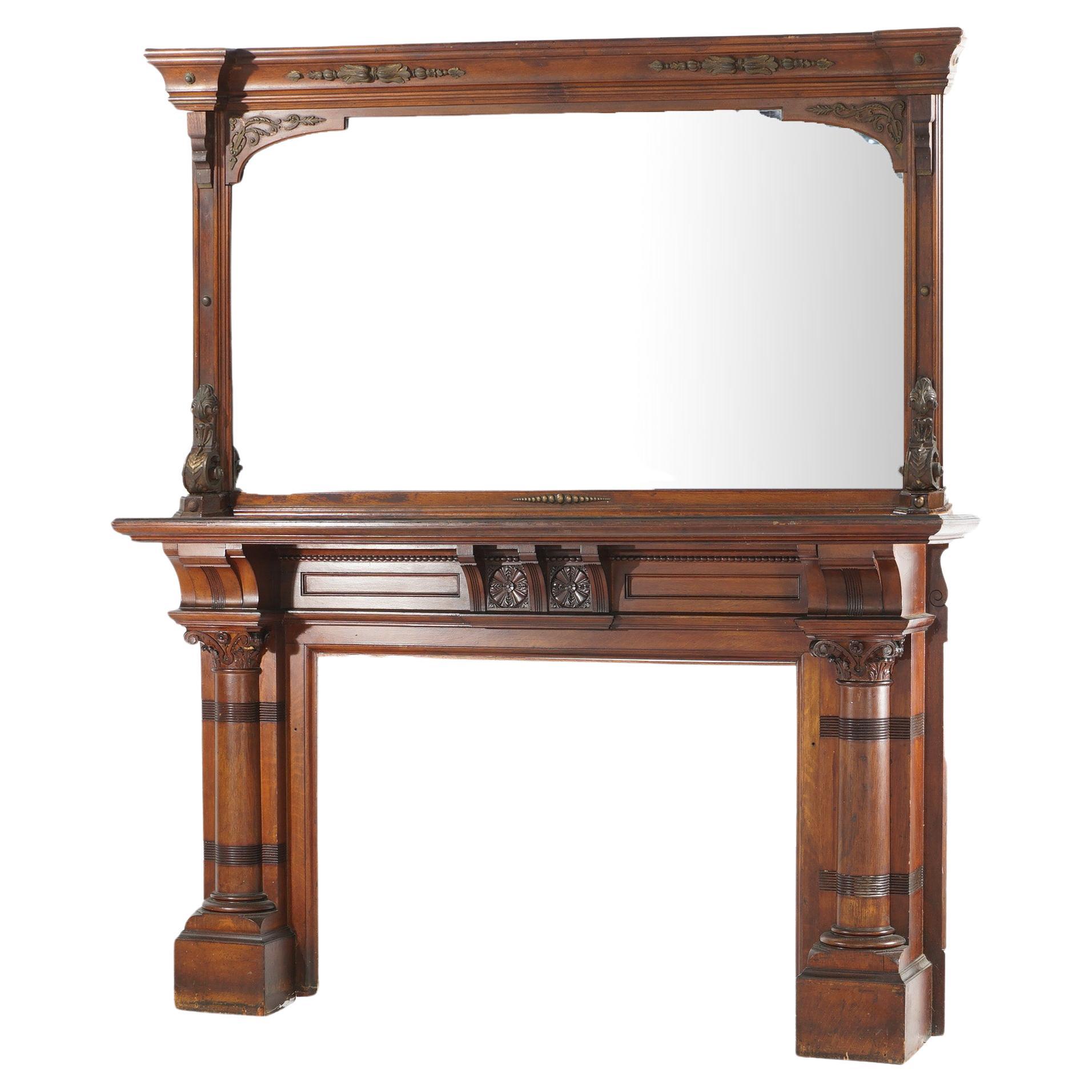 Antique R J Horner Neoclassical Oversized Oak Fireplace Mantle & Mirror C1890 For Sale