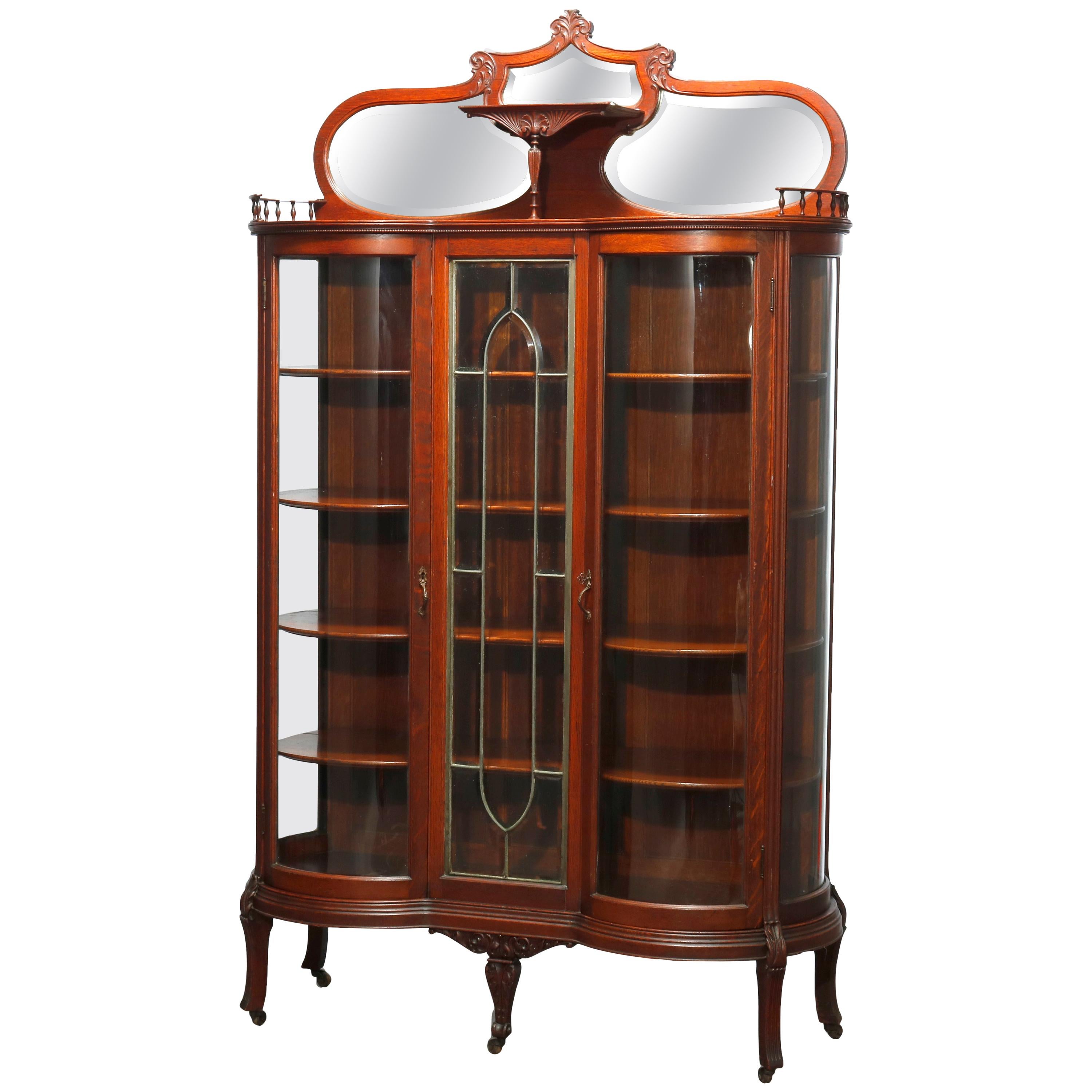 Antique R J Horner School Oak & Leaded Glass China Cabinet, C1900