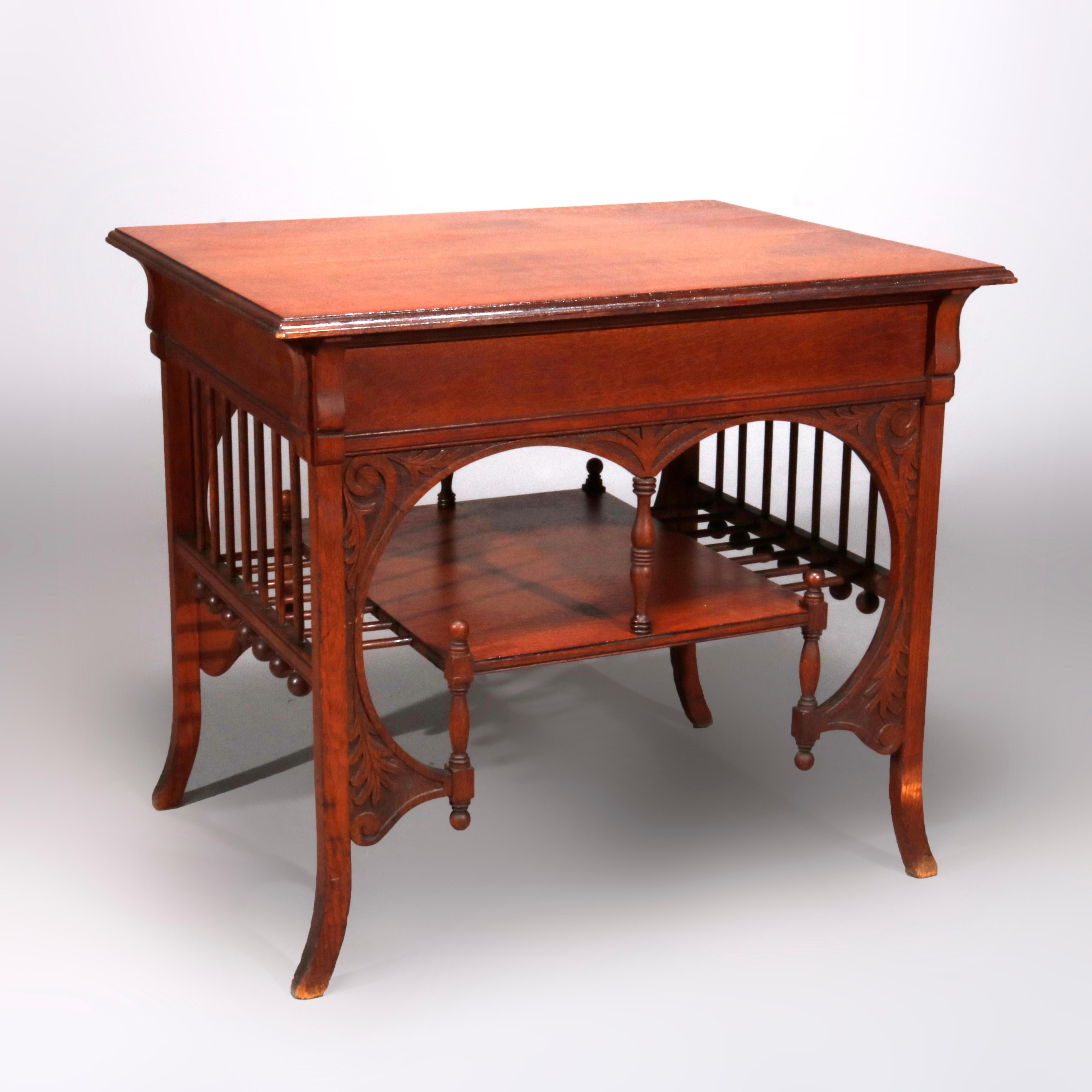 Carved Antique R J Horner School Oak Stick and Ball Library Table, circa 1890