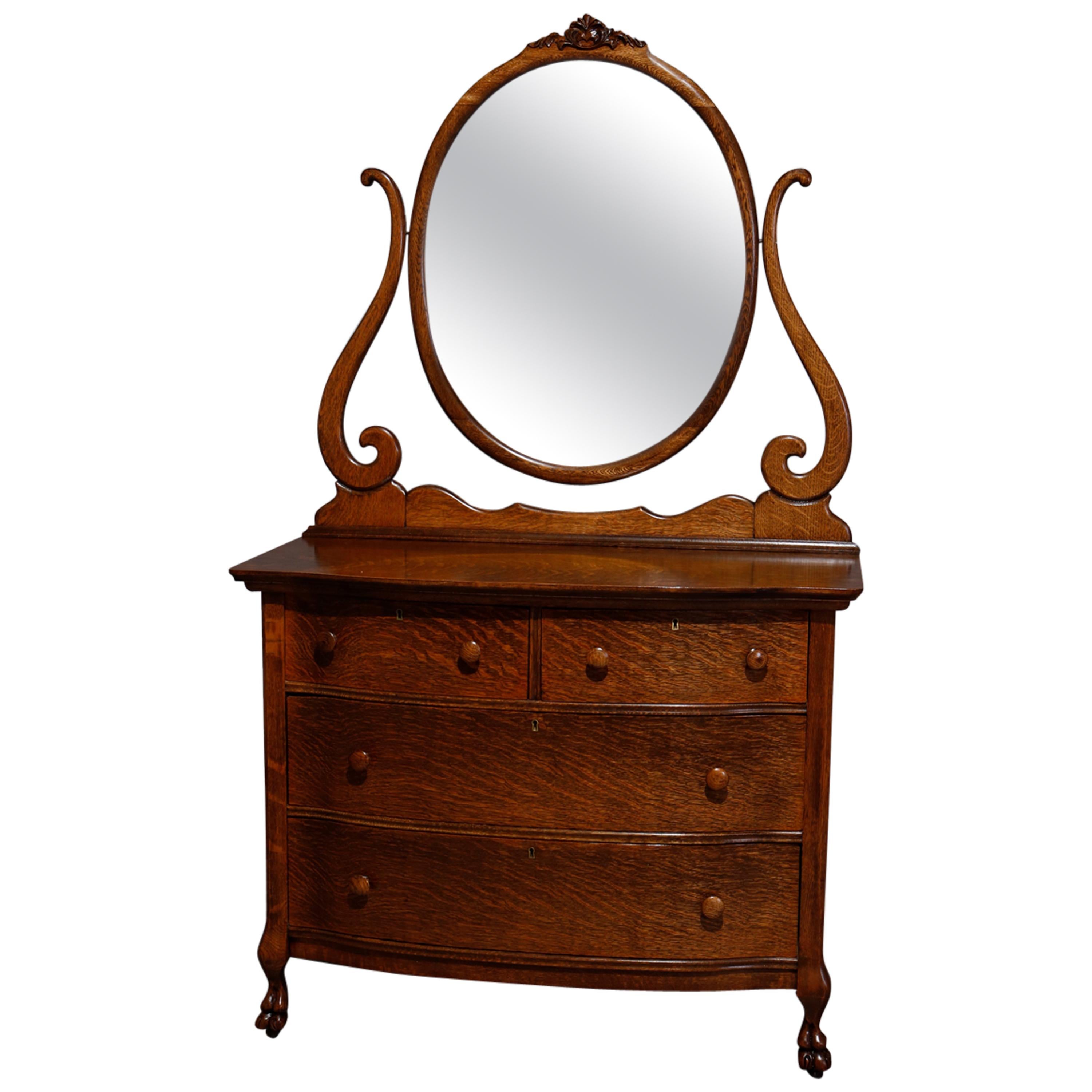 Antique R. J. Horner Style Bow Front Oak Chest of Drawers with Mirror circa 1920