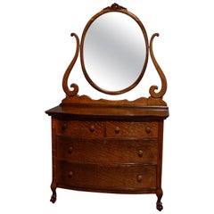 Antique R. J. Horner Style Bow Front Oak Chest of Drawers with Mirror circa 1920
