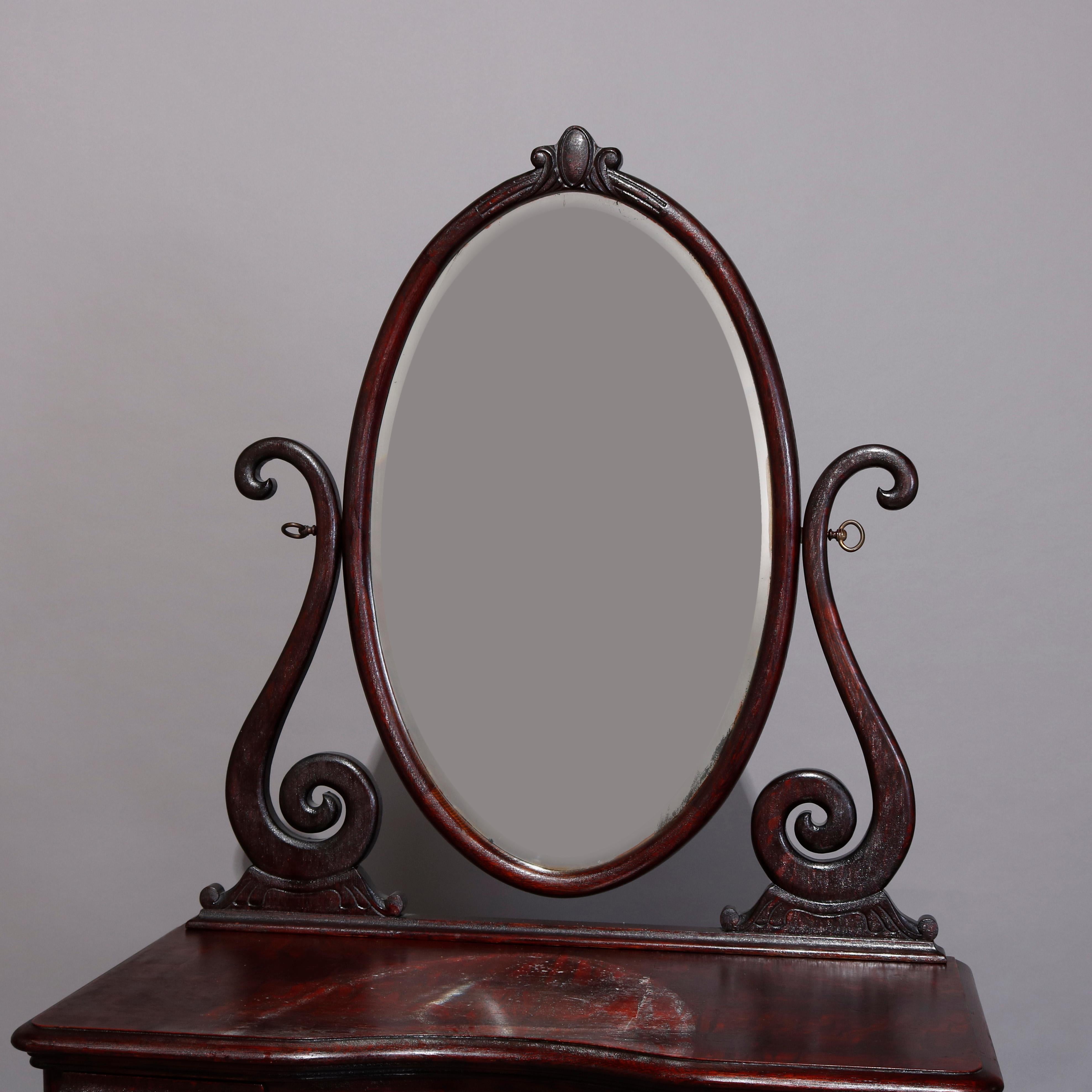 Victorian Antique R. J. Horner Style Carved Oak Dressing Table with Beveled Mirror
