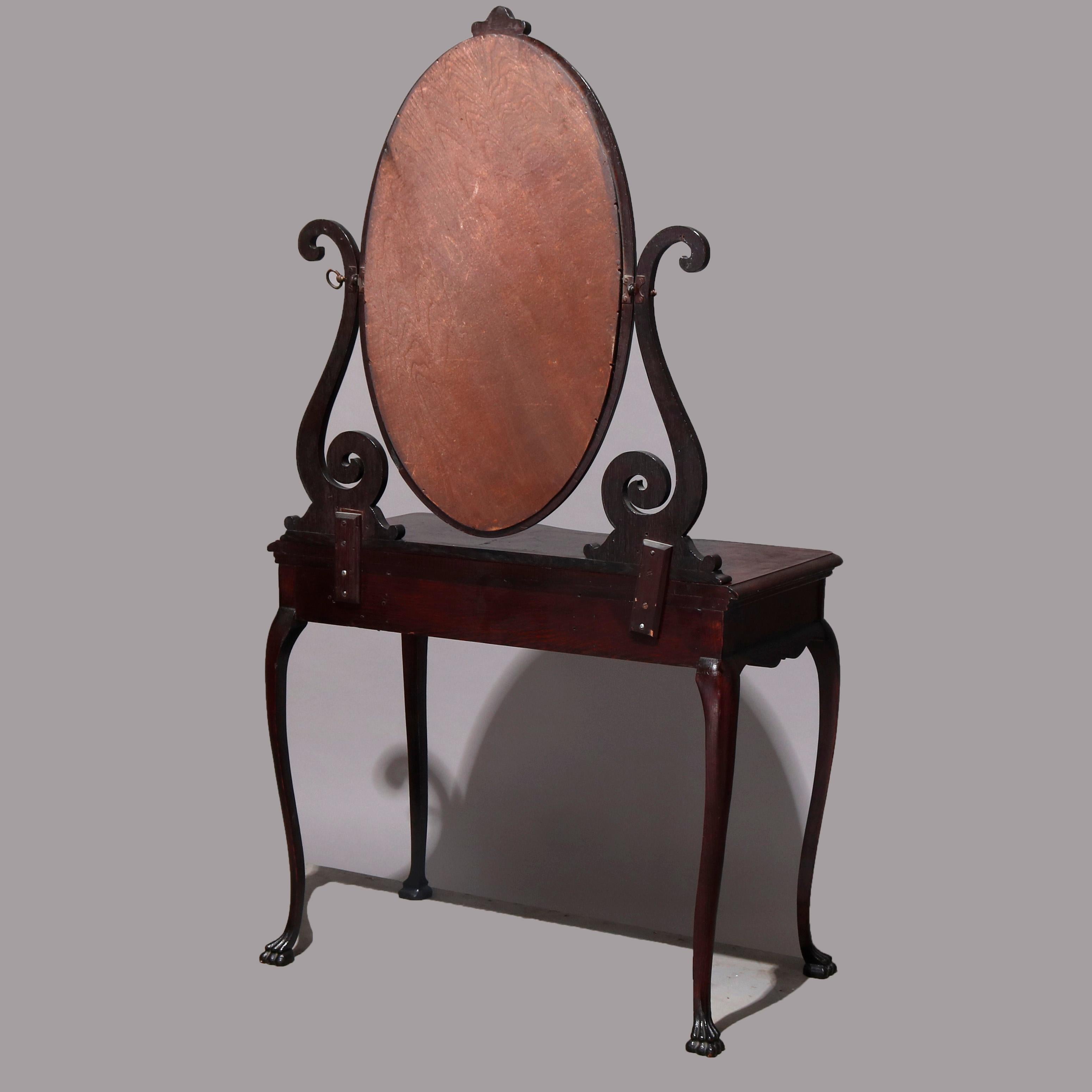 American Antique R. J. Horner Style Carved Oak Dressing Table with Beveled Mirror