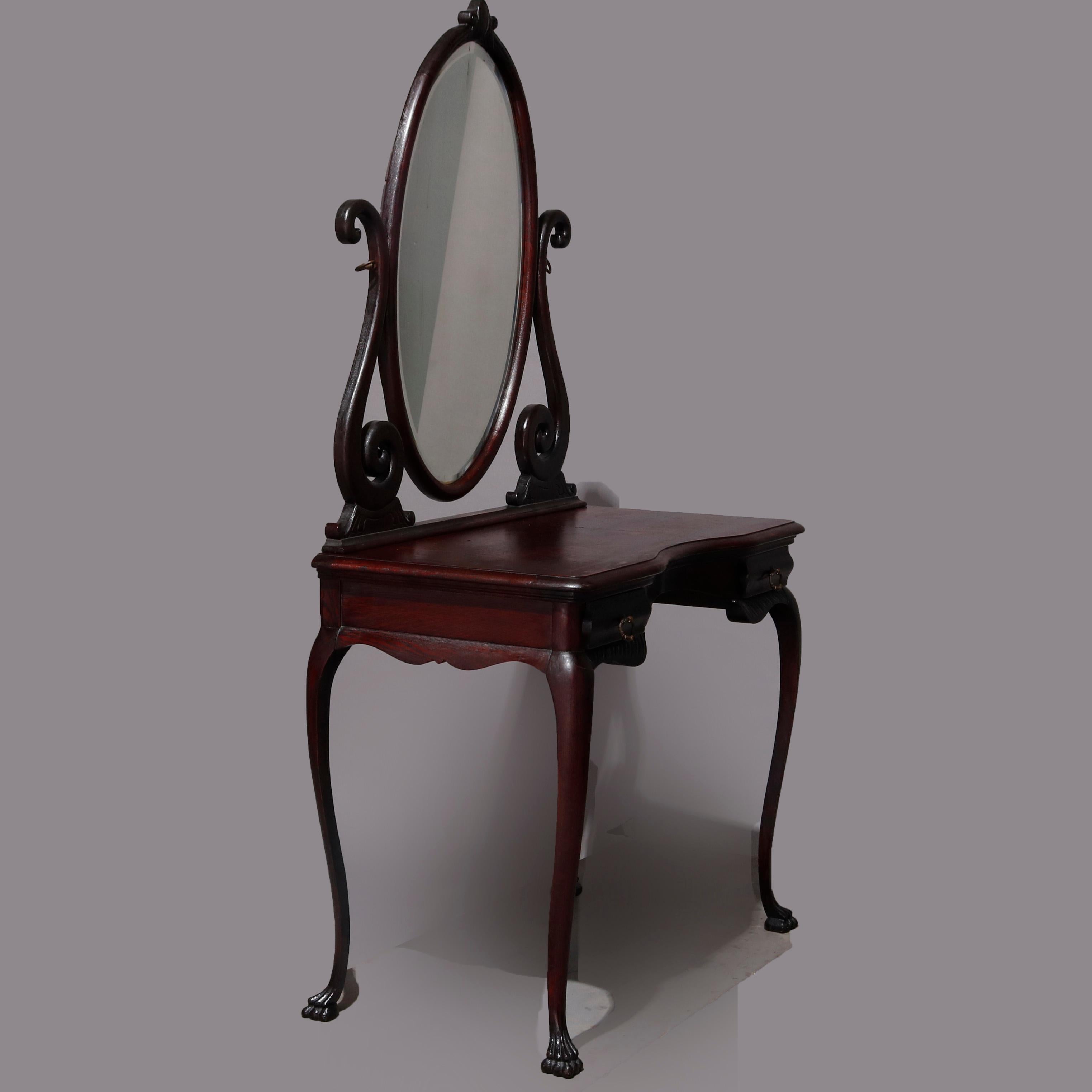 Antique R. J. Horner Style Carved Oak Dressing Table with Beveled Mirror In Good Condition In Big Flats, NY