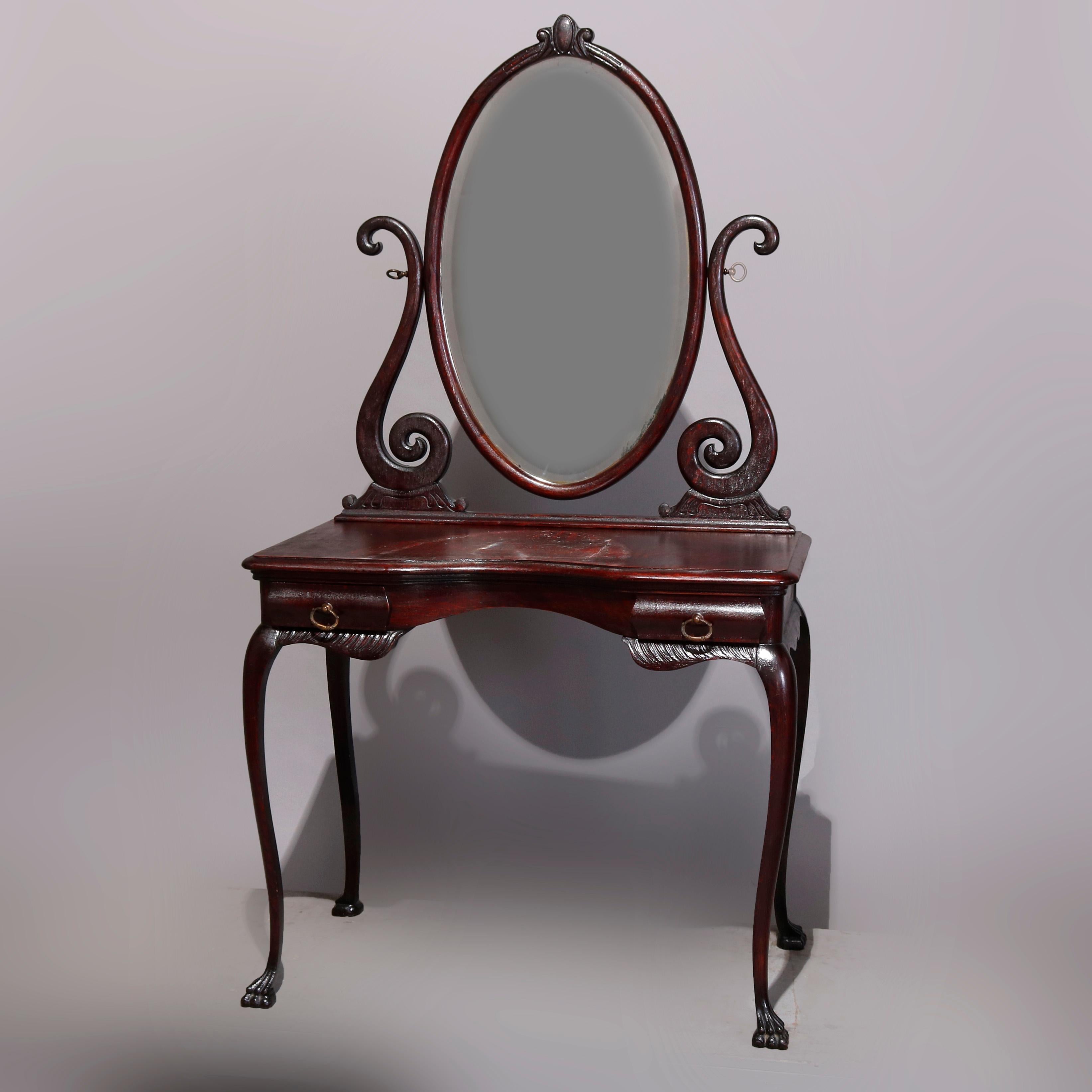 20th Century Antique R. J. Horner Style Carved Oak Dressing Table with Beveled Mirror