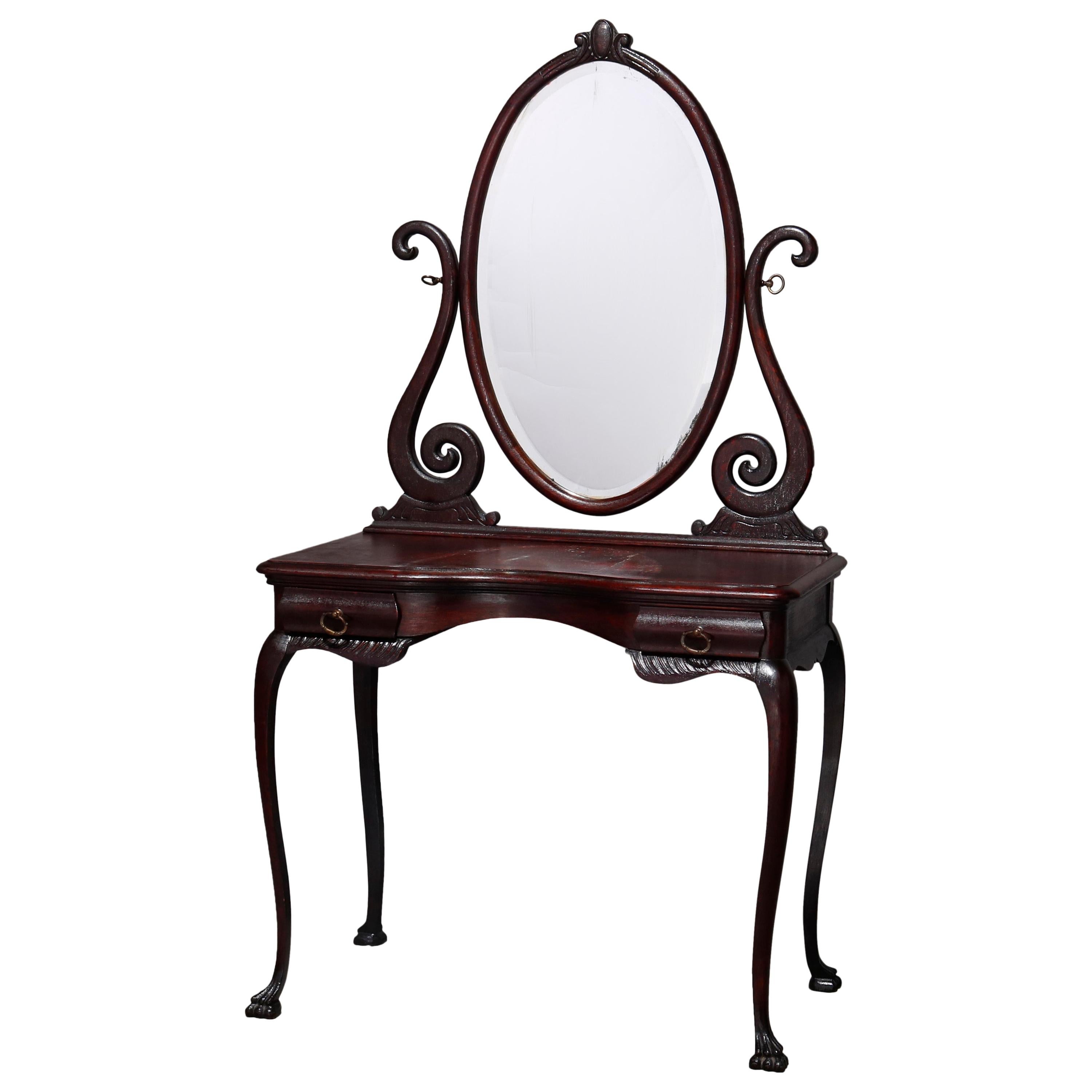 Antique R. J. Horner Style Carved Oak Dressing Table with Beveled Mirror