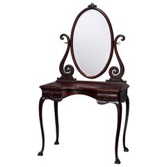 Vintage R. J. Horner Style Carved Oak Dressing Table with Beveled Mirror