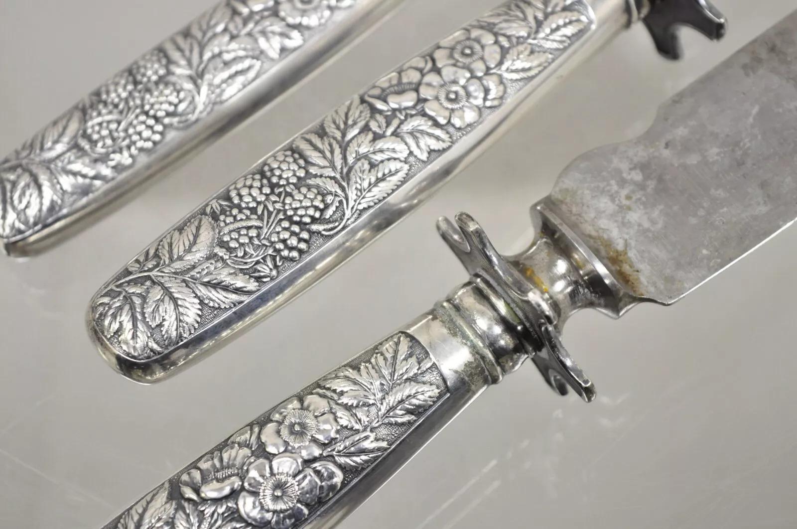 Antique R Wallace & Sons Victorian Silver Plated Repousse Meat Carving Set - 3Pc For Sale 6