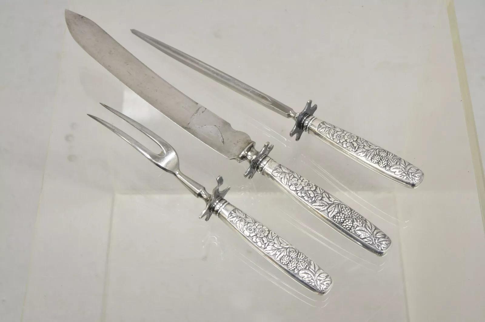 Antique R Wallace & Sons Victorian Silver Plated Repousse Meat Carving Set - 3Pc For Sale 7