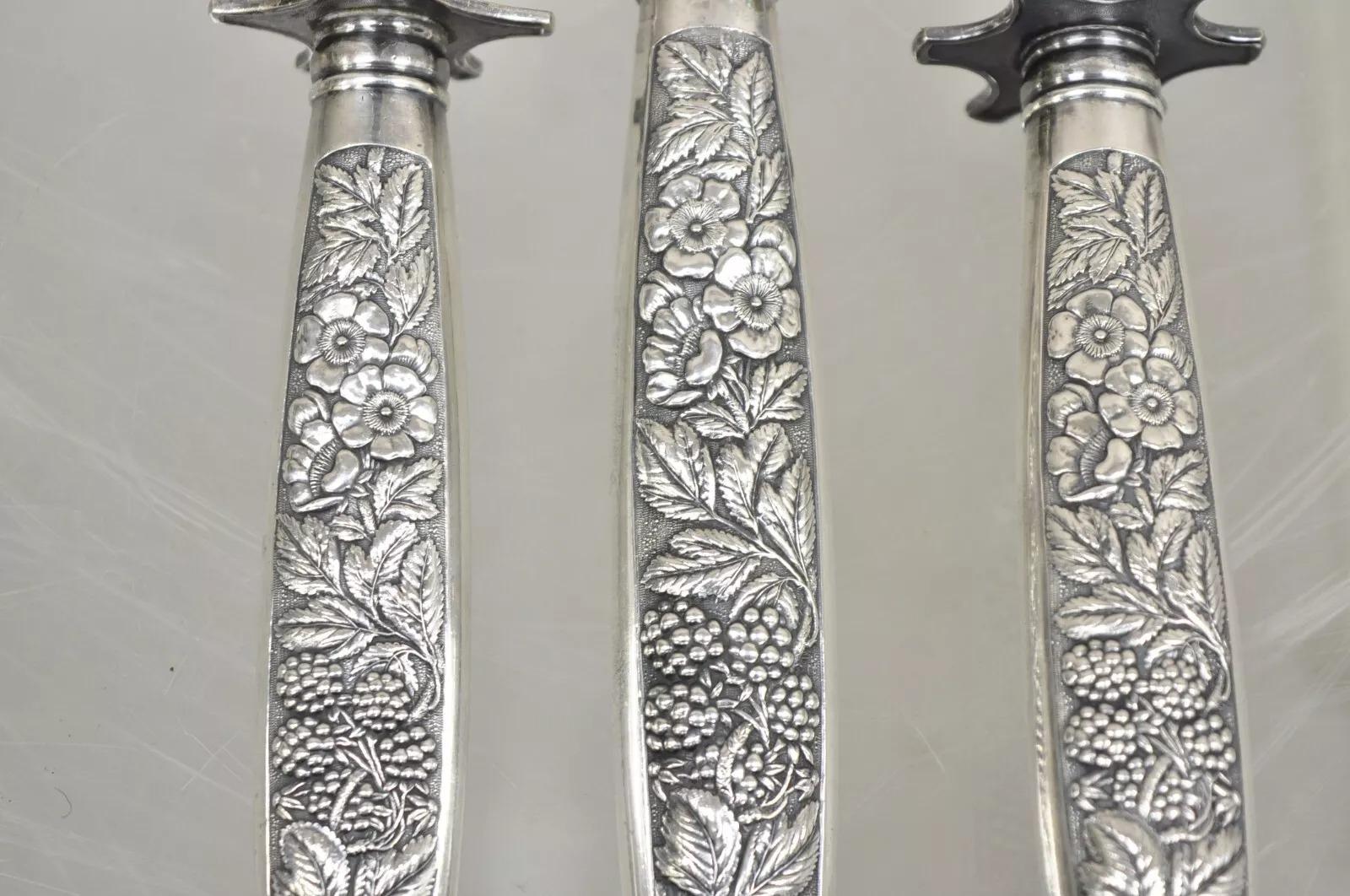 Antique R Wallace & Sons Victorian Silver Plated Repousse Meat Carving Set - 3Pc For Sale 2