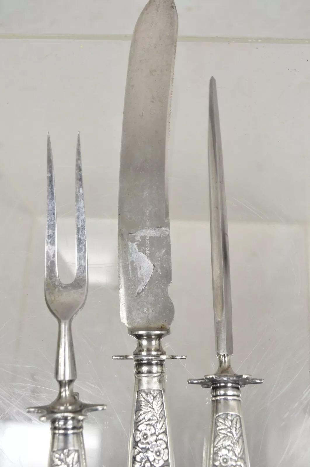 Antique R Wallace & Sons Victorian Silver Plated Repousse Meat Carving Set - 3Pc For Sale 4