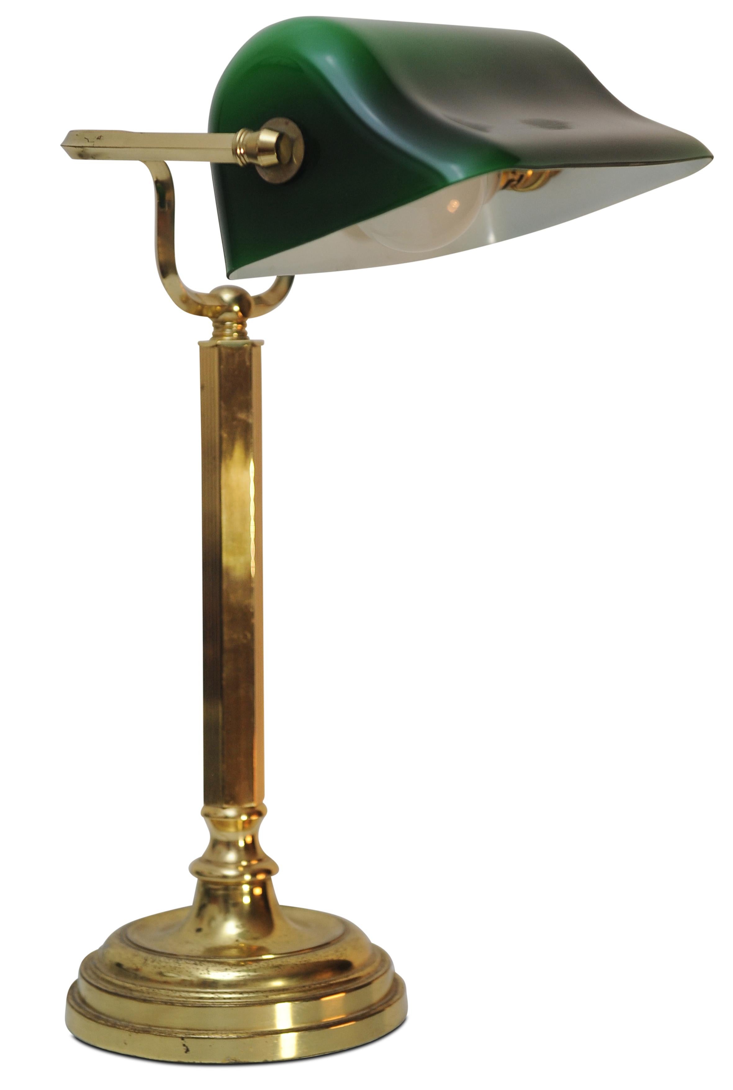 Art Deco Antique Racing Green Brass Bankers Lamp With Adjustable Green Glazed Shade  For Sale