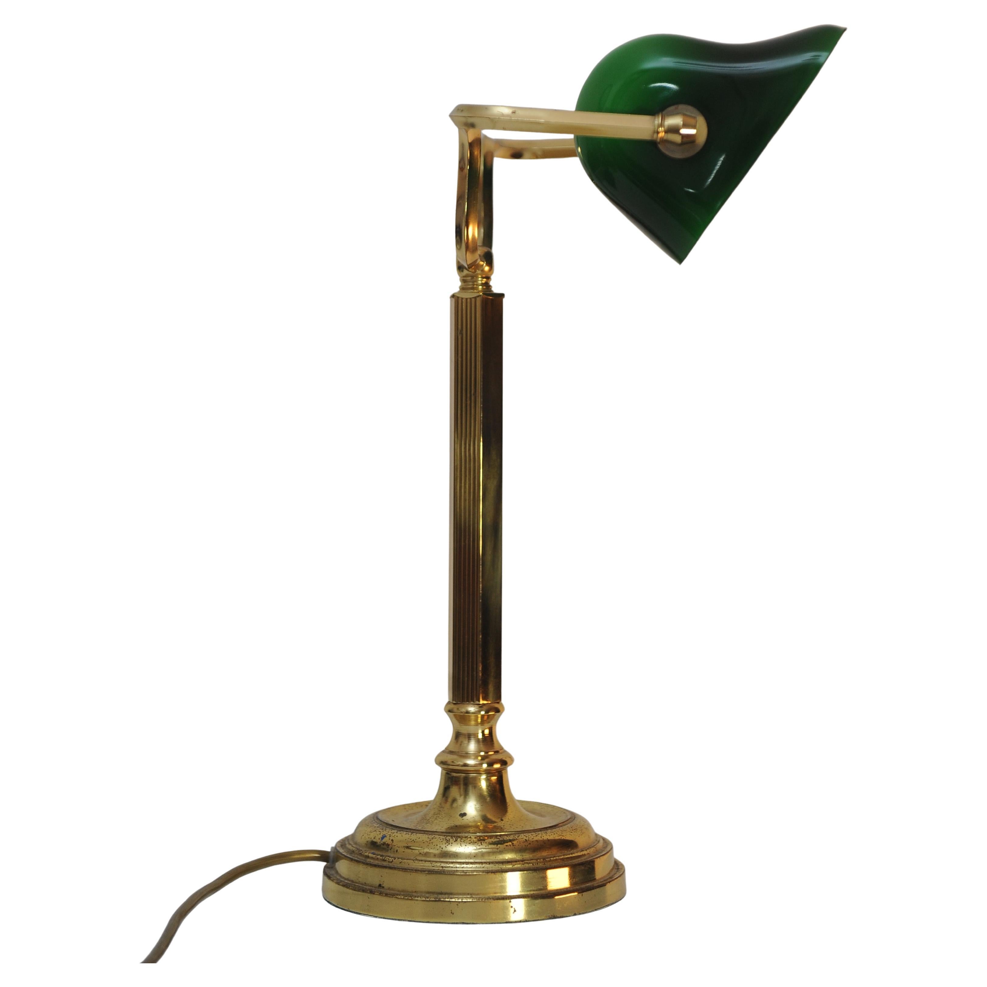 Art Deco Antique Racing Green Brass Bankers Lamp With Adjustable Green Glazed Shade For Sale