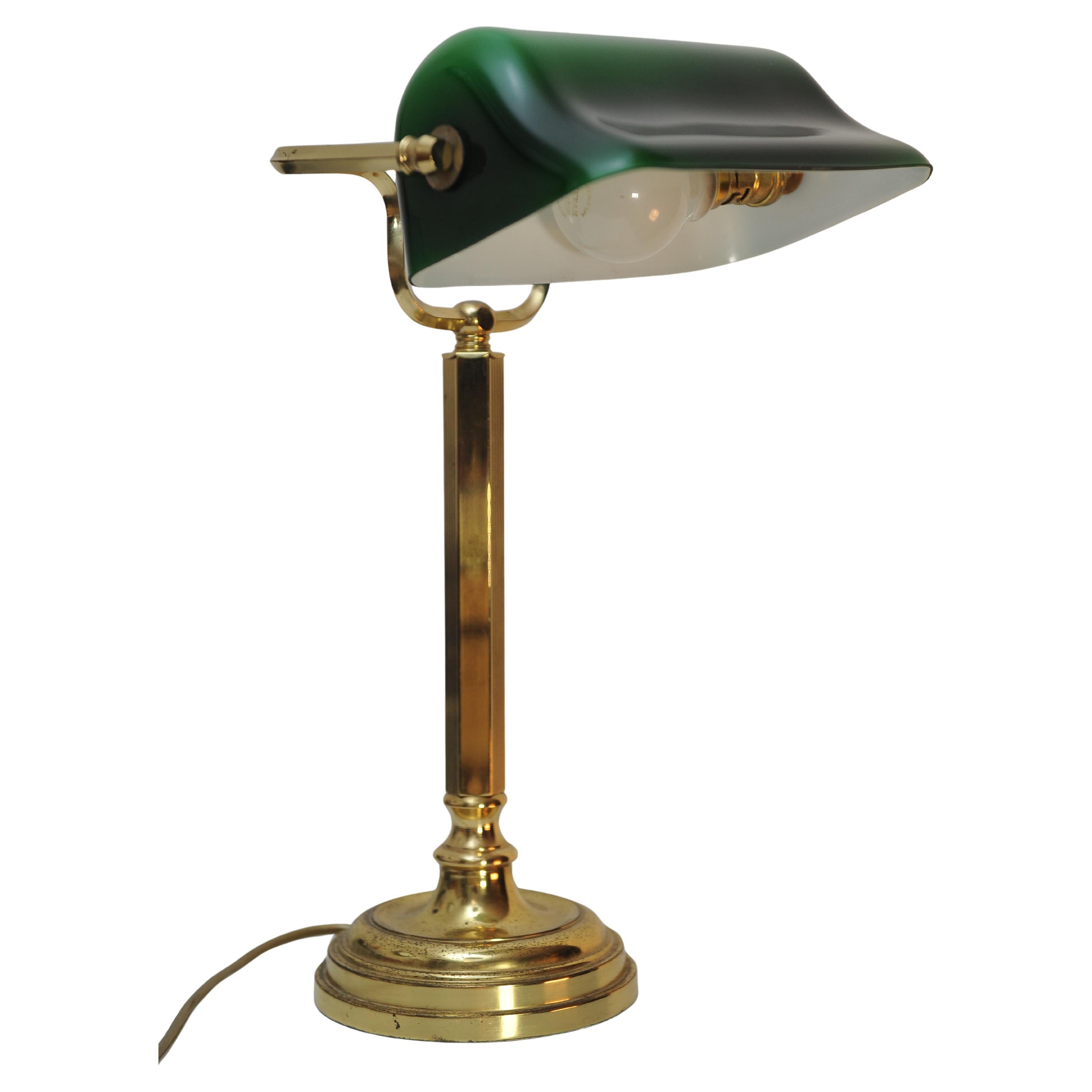 British Antique Racing Green Brass Bankers Lamp With Adjustable Green Glazed Shade For Sale